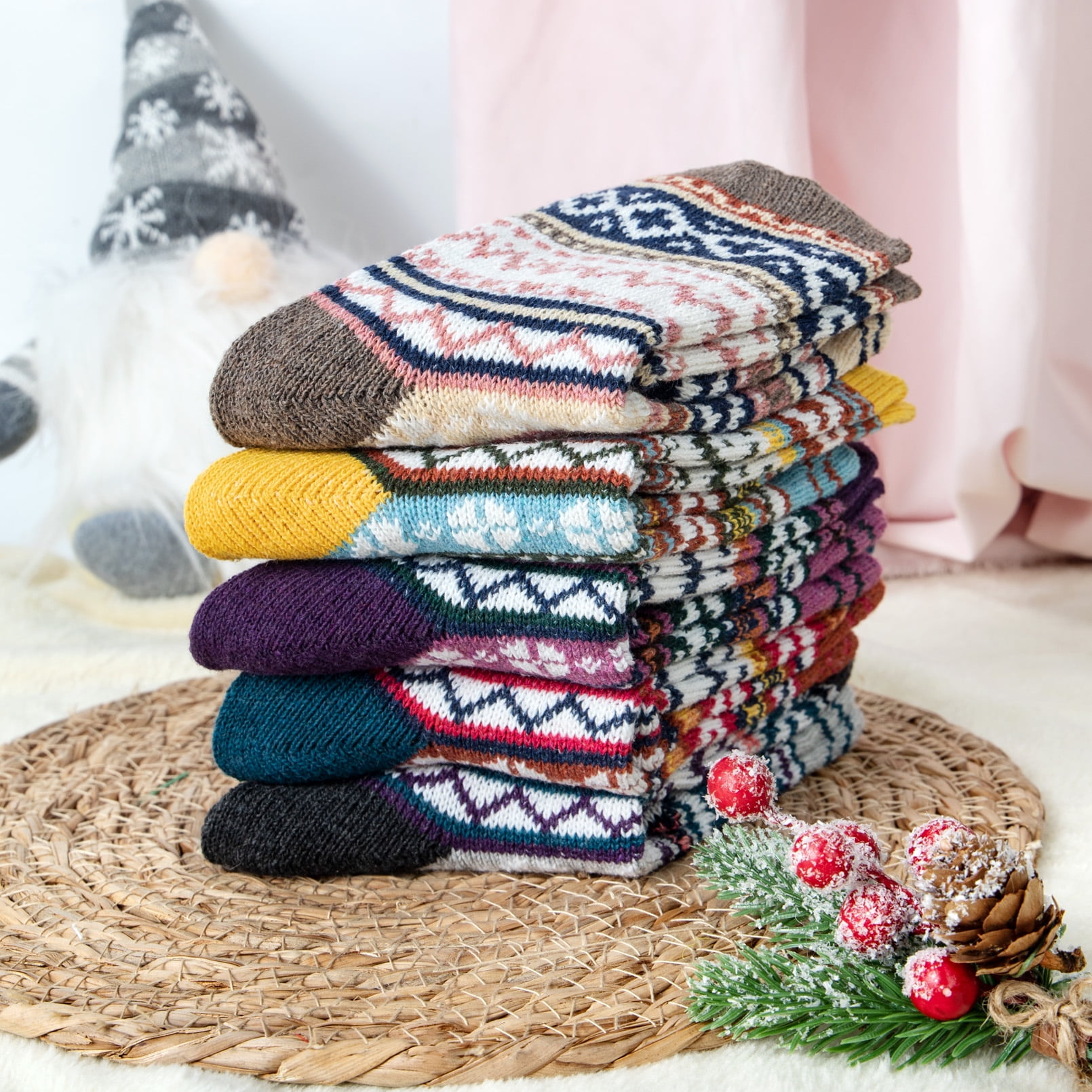 Loritta Women's Wool Thermal Socks, Cozy Winter Boot Crew Socks (Multi-Color, 5 Pairs, US Size 5-10) 4k3ii
