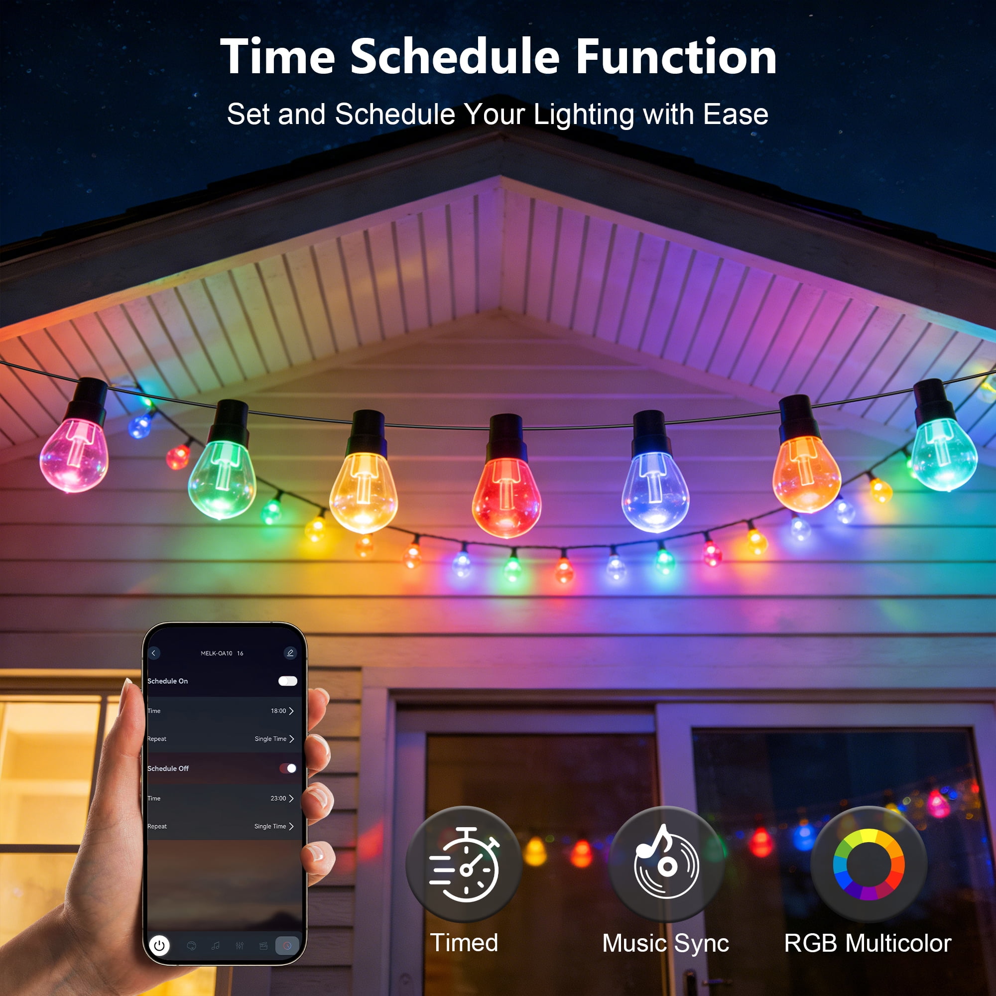 Beizelte RGB LED Outdoor String Lights, Dimmable Waterproof Chasing Color Patio Lighting with App Control (Multicolor, 150 ft) 5e2em