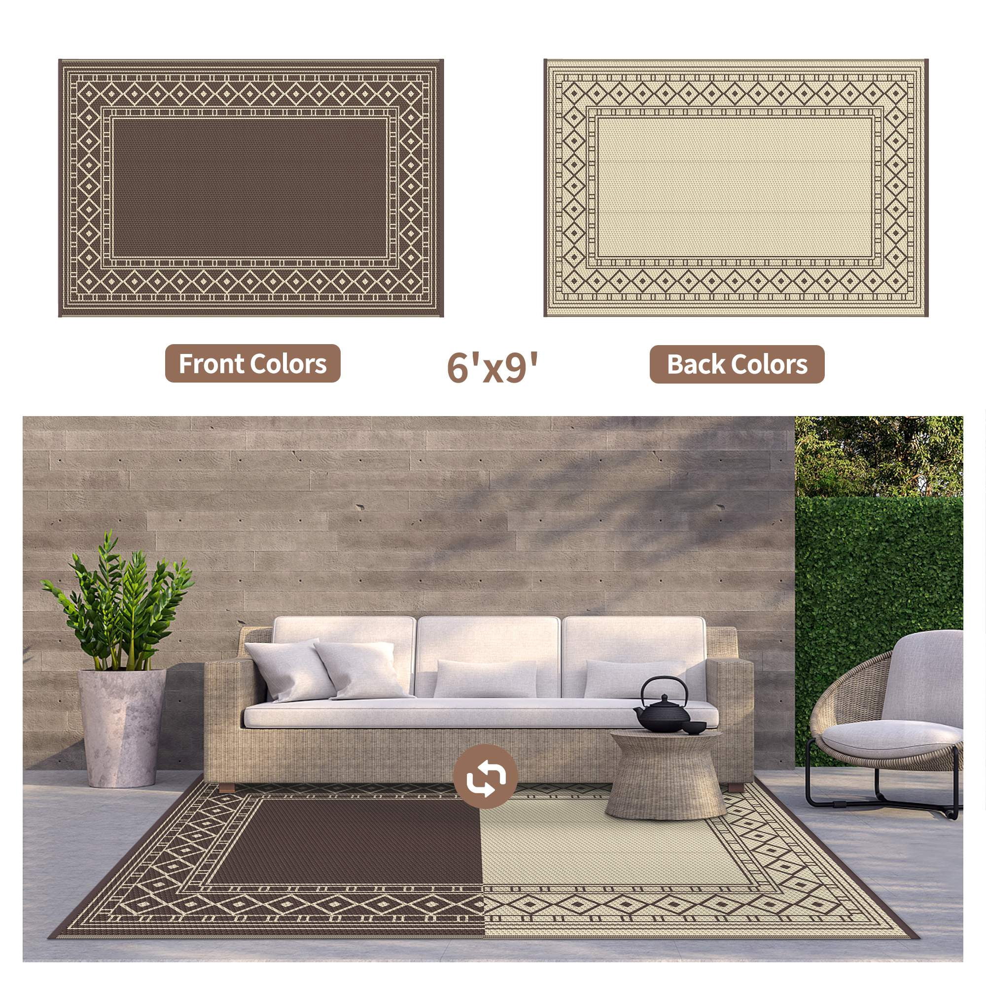DEORAB Outdoor Rug Waterproof Reversible Patio Mat for Camping and Backyard (Coffee & Brown, 6 ft x 9 ft) ekkm9