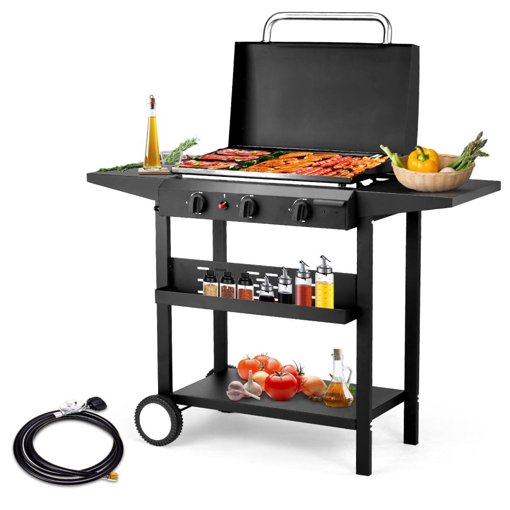 IVV 3-Burner Propane Gas Flat-Top Griddle, Outdoor Cooking Station with Side Shelves and Spice Rack (Black, 23.2 in x 14.2 in) nbwtq