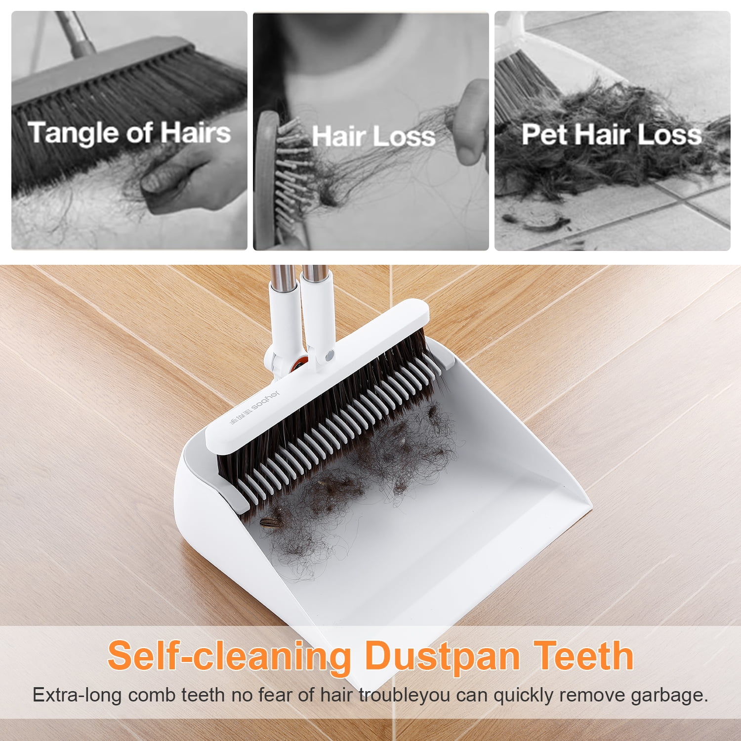 MAOFACE Broom and Dustpan Set for Home, Upright Cleaning Combo with Integrated Comb Teeth (White, 39 in) 76ckv