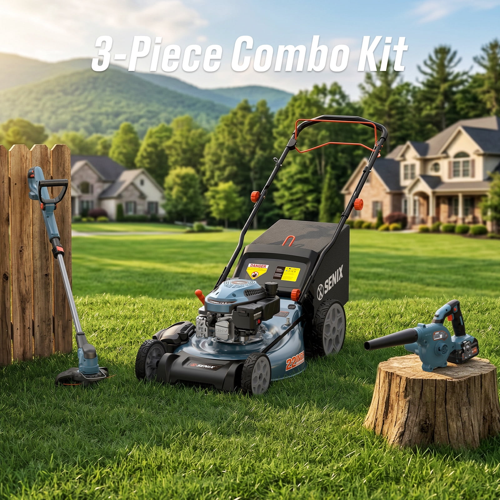 Senix 3-Tool Lawn Care Combo Kit (22 in Self-Propelled Gas Mower, Cordless Leaf Blower, String Trimmer, Blue) wgt7u