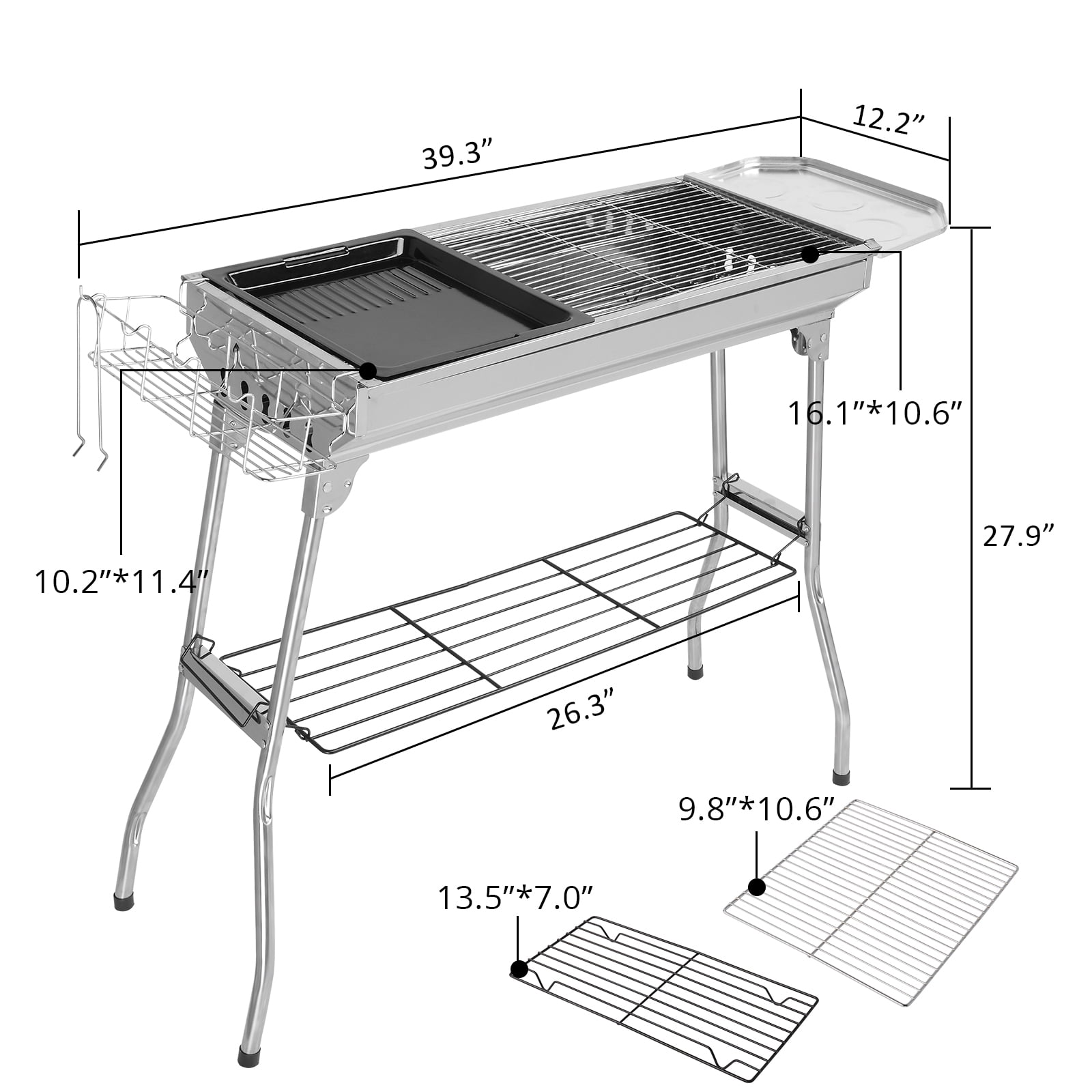 UBesGoo Portable Charcoal BBQ Grill, Heavy-Duty Stainless Steel Foldable Camping Grill (Silver, 39 in) t4a4c