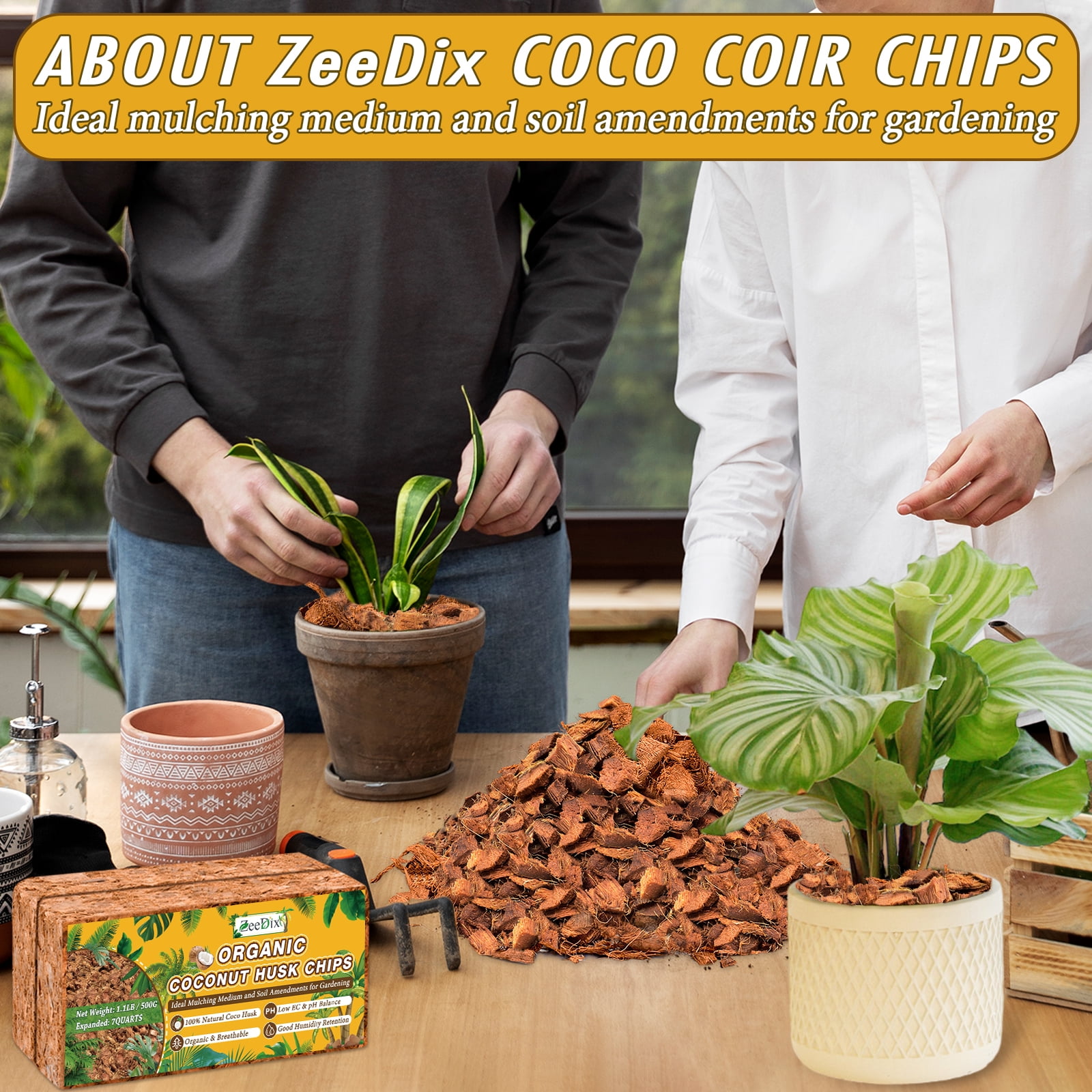 ZeeDix Coco Coir Chips Organic Growing Medium for Plants (Natural, 2.2 lb Total) j4d5u