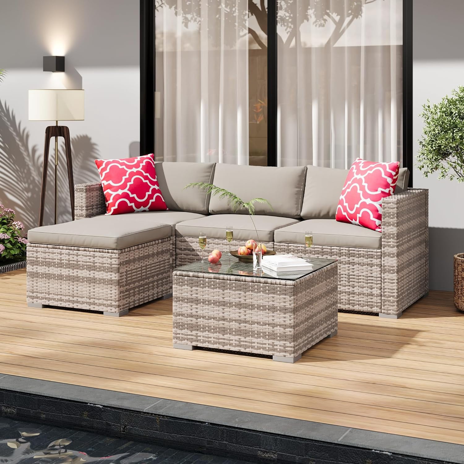 IdealHouse 5-Piece Outdoor Sectional Sofa Set, All-Weather PE Rattan Patio Furniture with Ottoman & Tempered Glass Table (Gray, 5-Piece Set) fbzxn