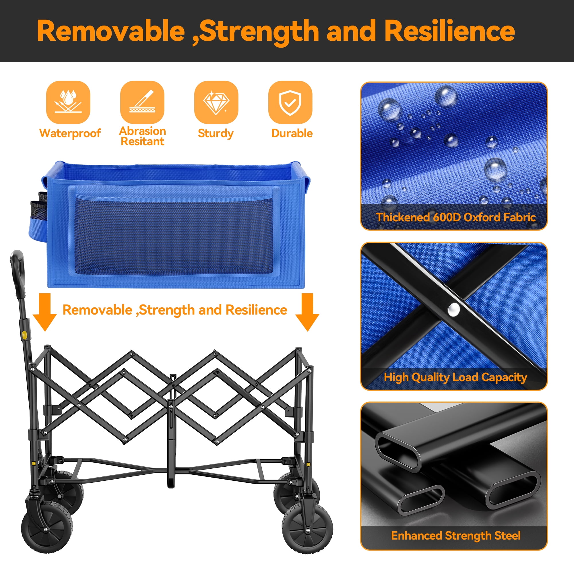 VECUKTY Collapsible Folding Utility Wagon, Heavy-Duty Outdoor Cart for Camping and Gardening (Blue, 300 lb Capacity) 40el2