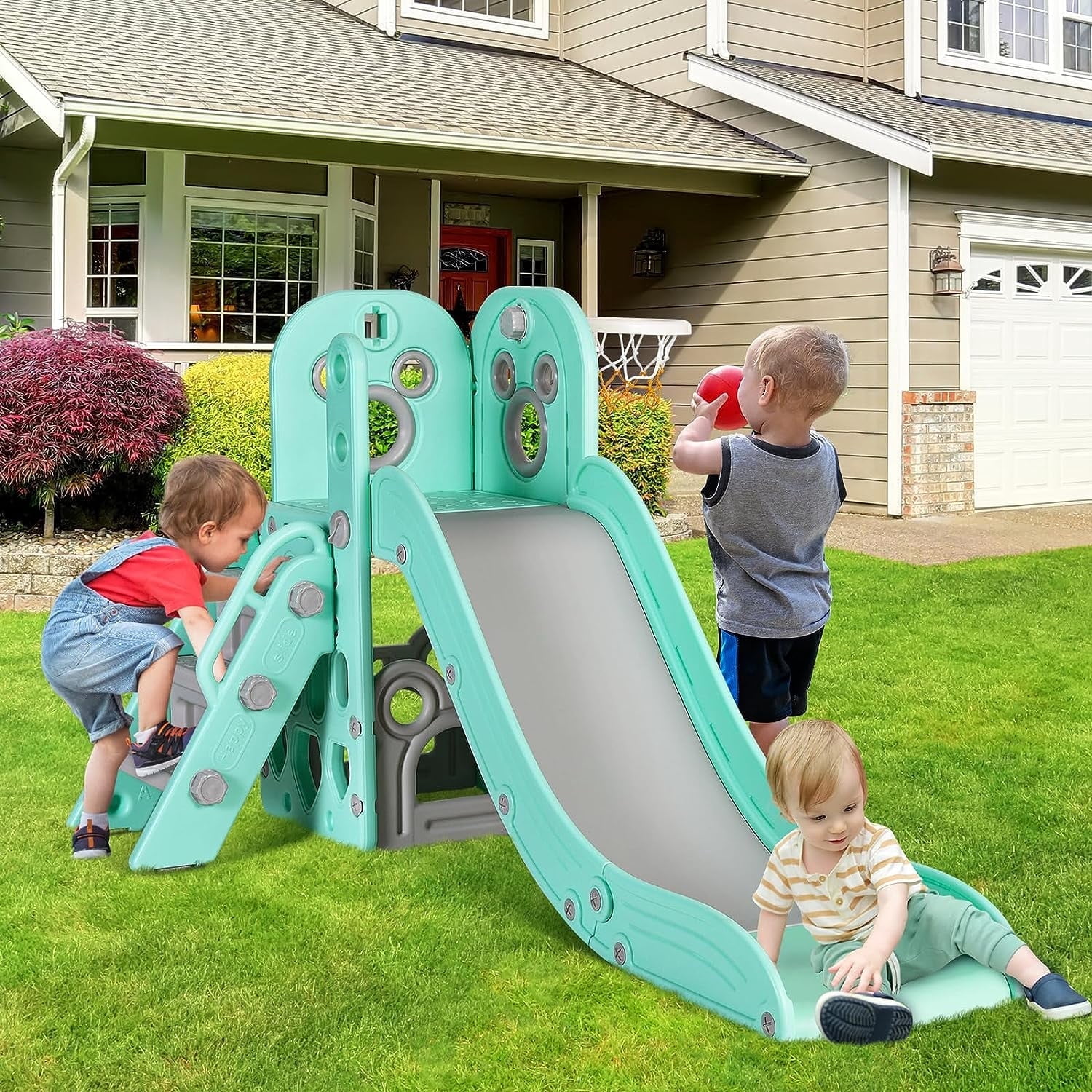 LAZY BUDDY 4-in-1 Toddler Slide and Climber Playset with Basketball Hoop (Green) abxyq