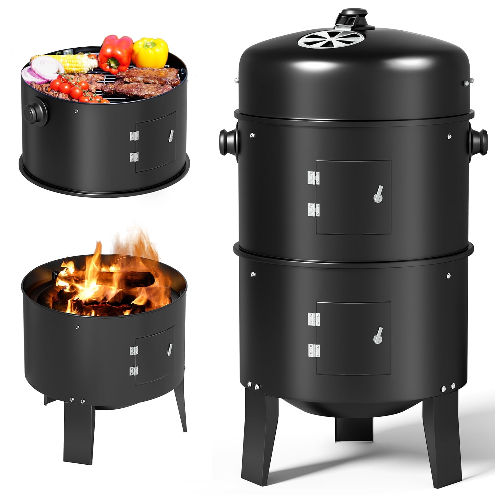 KingChii 3-in-1 Vertical Charcoal Smoker Grill (Black, 20.5 in x 16 in x 32 in) 356yc