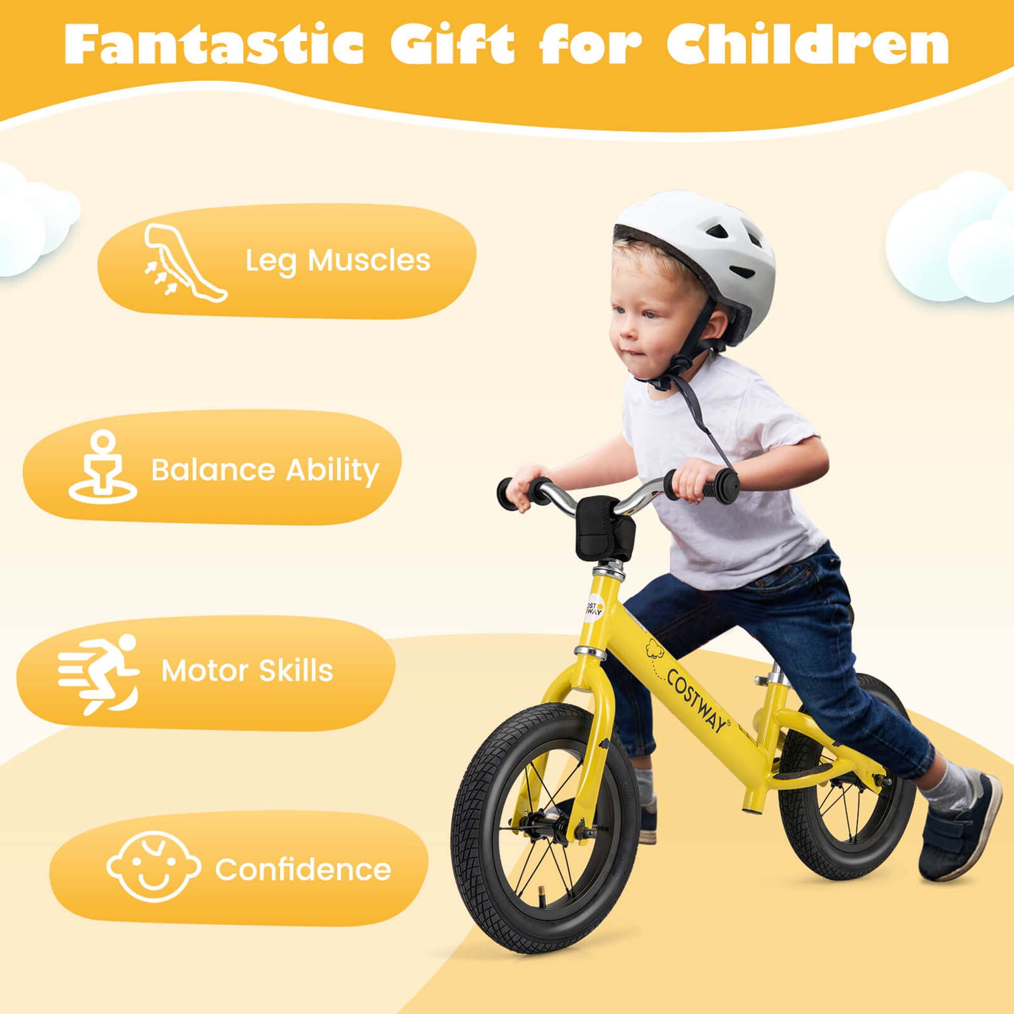 Costway Toddler Balance Bike No Pedal Training Bicycle with Inflatable Rubber Tires (Yellow, 12 in) dd9y5