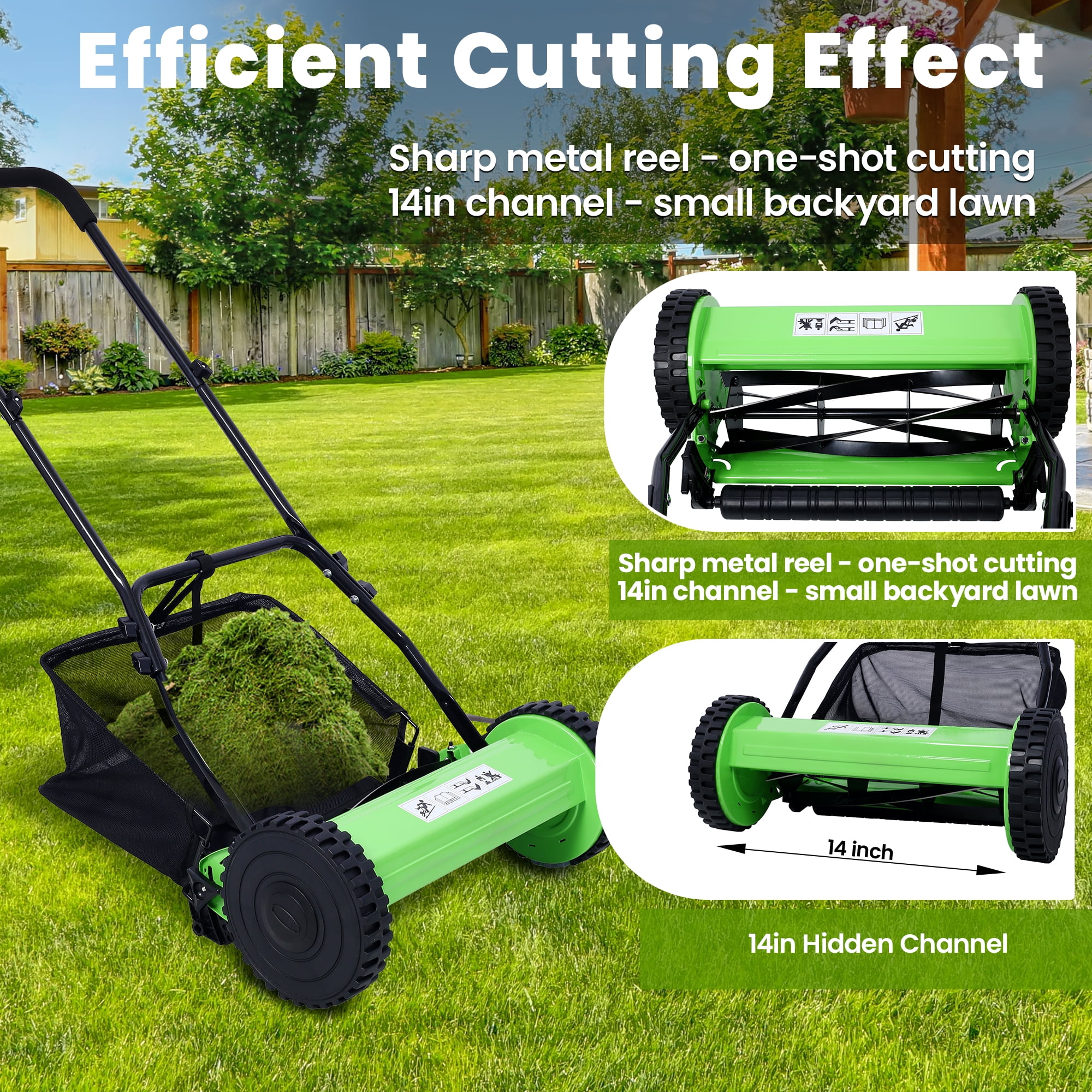 Seizeen 14-Inch Manual Reel Lawn Mower with Grass Catcher (5-Blade, Adjustable Height 0.6-1.8 in, Green) kbz66