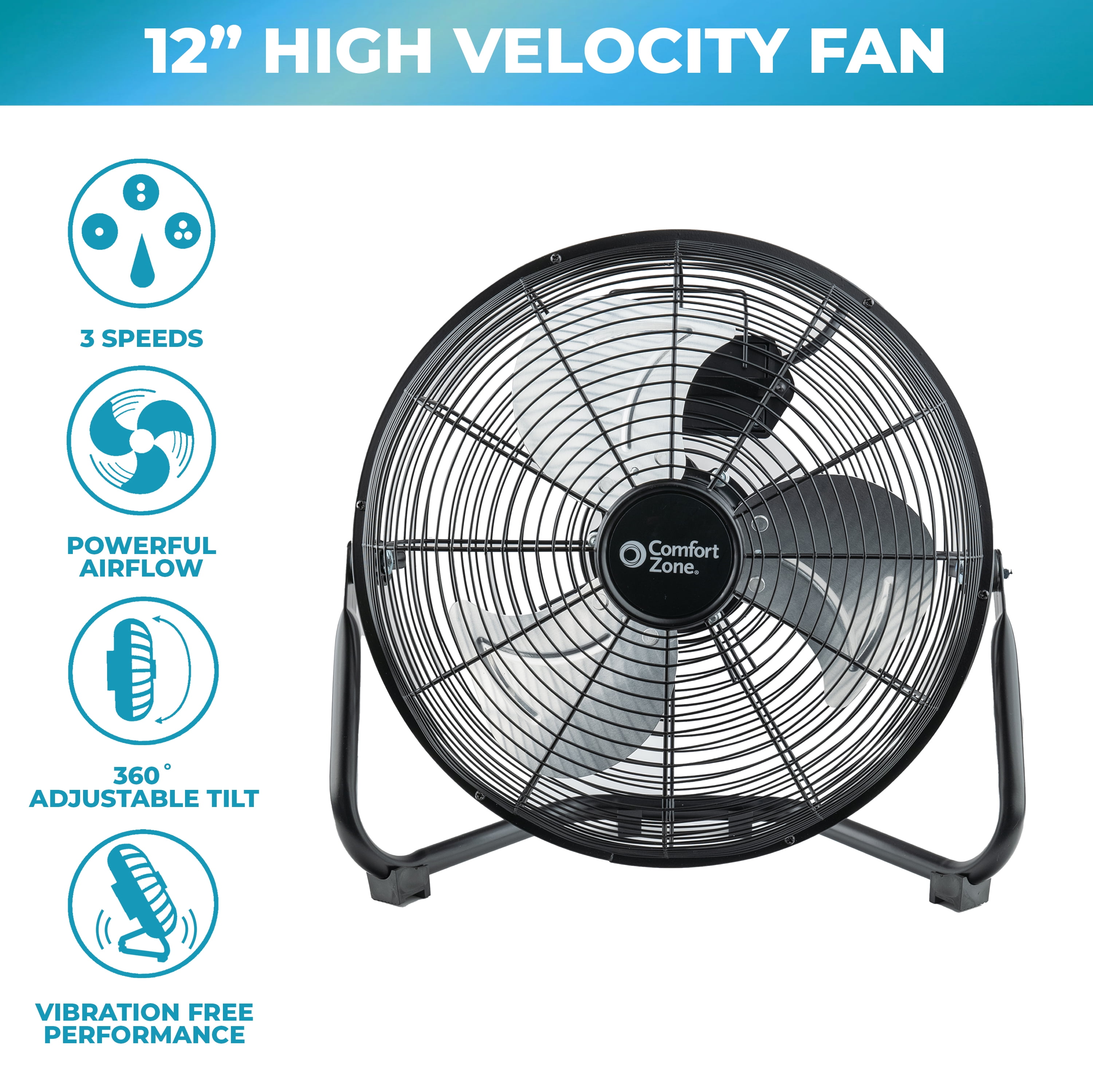 Comfort Zone 12 in. All-Metal Floor or Desk Fan (Black, 12 in) 1x6wd