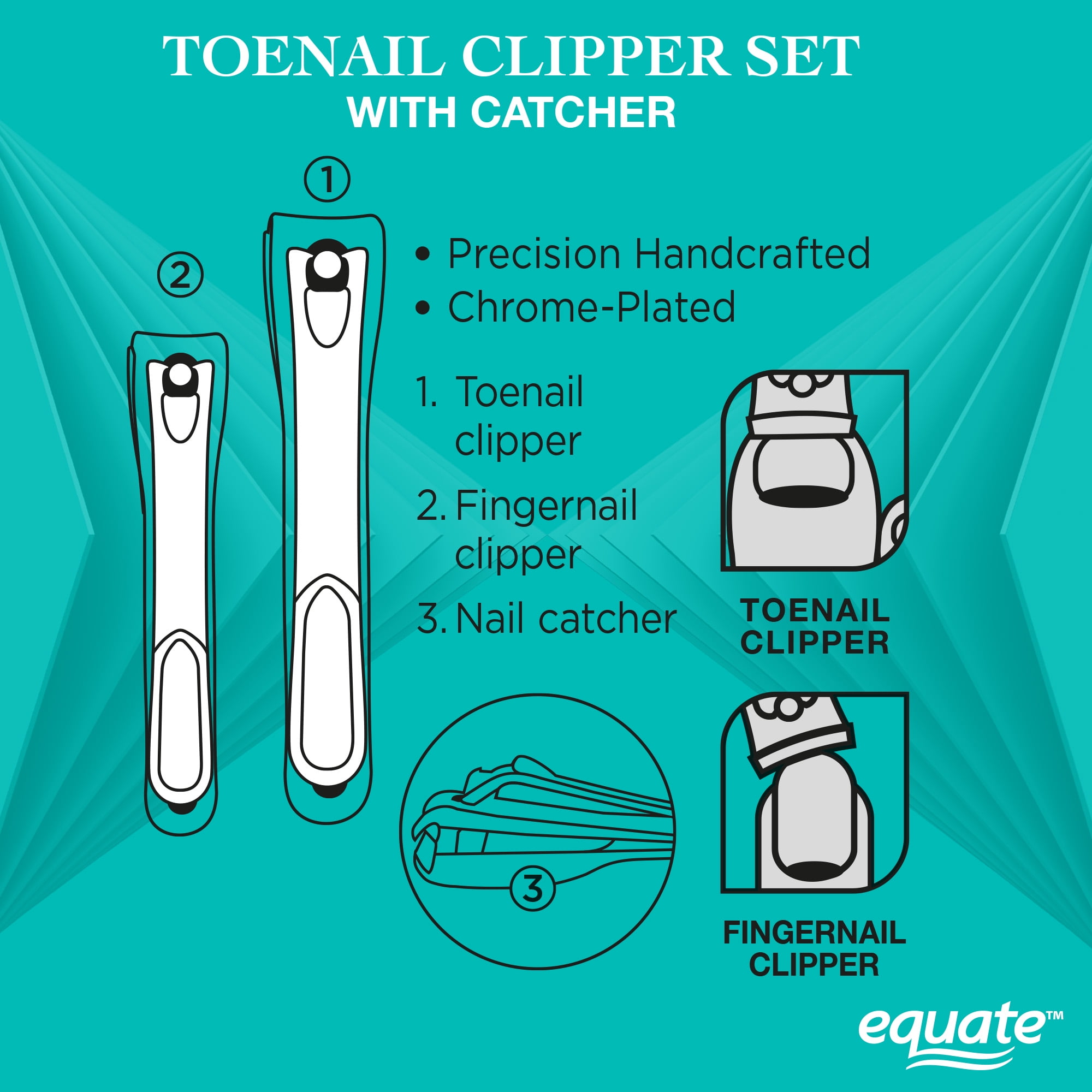 Equate Metal Nail Clipper Set with Catcher, Precision Grooming Tools (Silver, 2 Pieces) vjigf