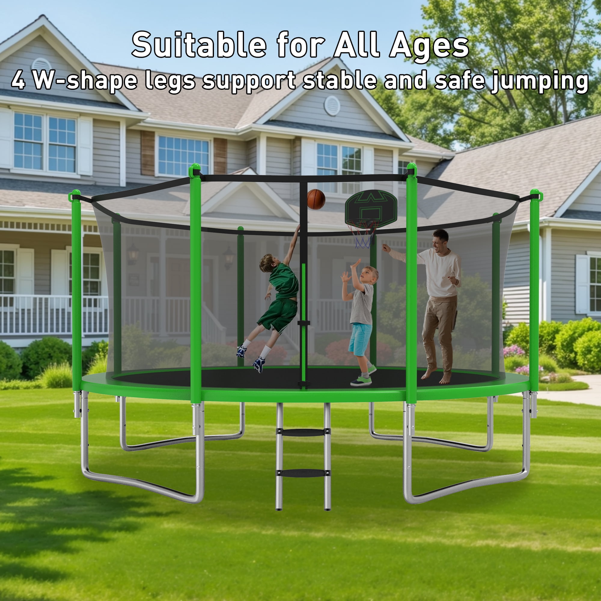 XMIKA Outdoor Recreational Trampoline with Enclosure Net, Basketball Hoop, and Ladder (Green, 14 ft) 72kfj