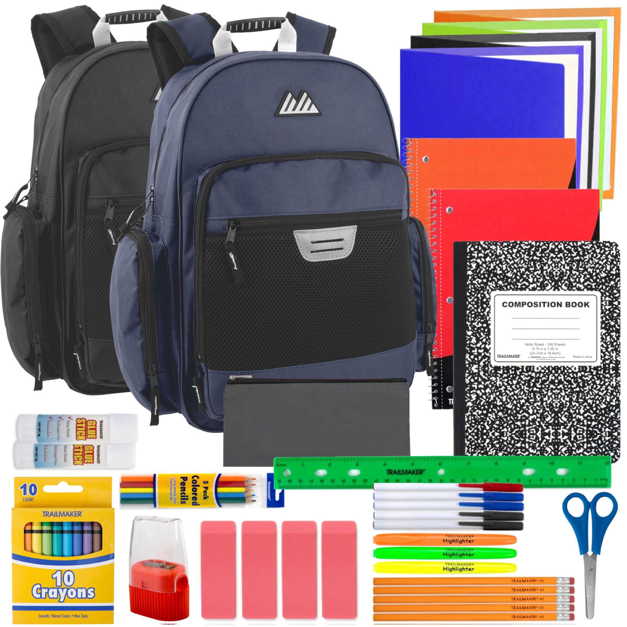 Trailmaker 18 in Backpacks with 45 Piece School Supply Kits (12 Pack, Black and Navy Blue) d93ko