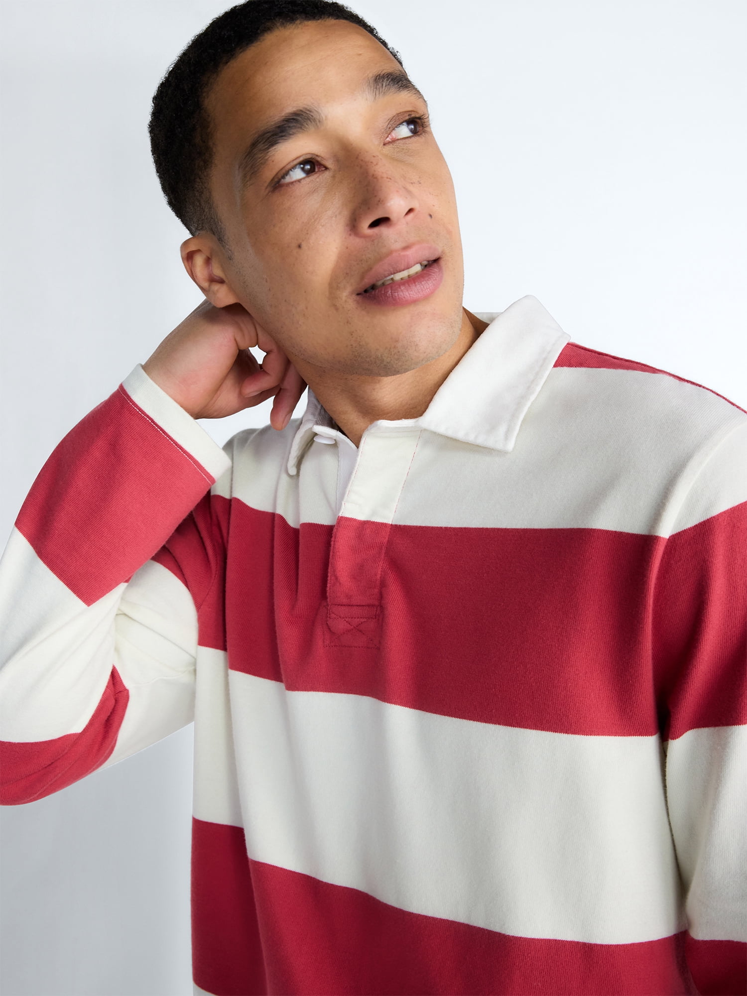 Free Assembly Men's Striped Cotton Rugby Shirt Long Sleeve Casual Pullover (Red, S) jk9hv