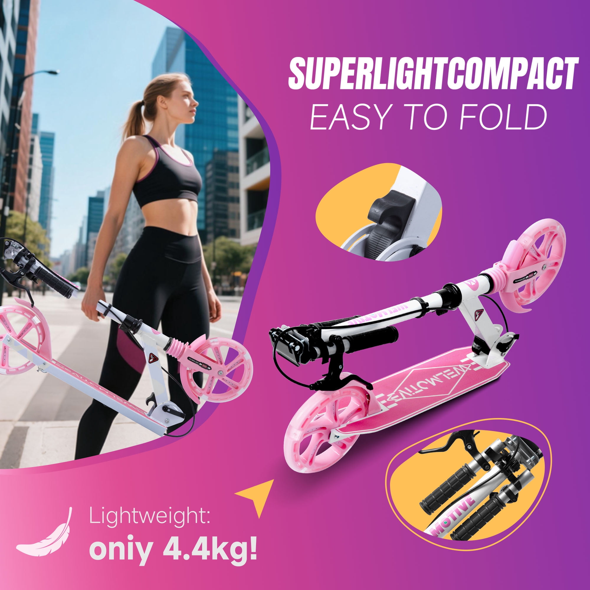 Welmotive Kick Scooter for Kids and Adults with LED Wheels, Dual Braking System, and Adjustable Handlebars (White, 9.6 lb) goi70