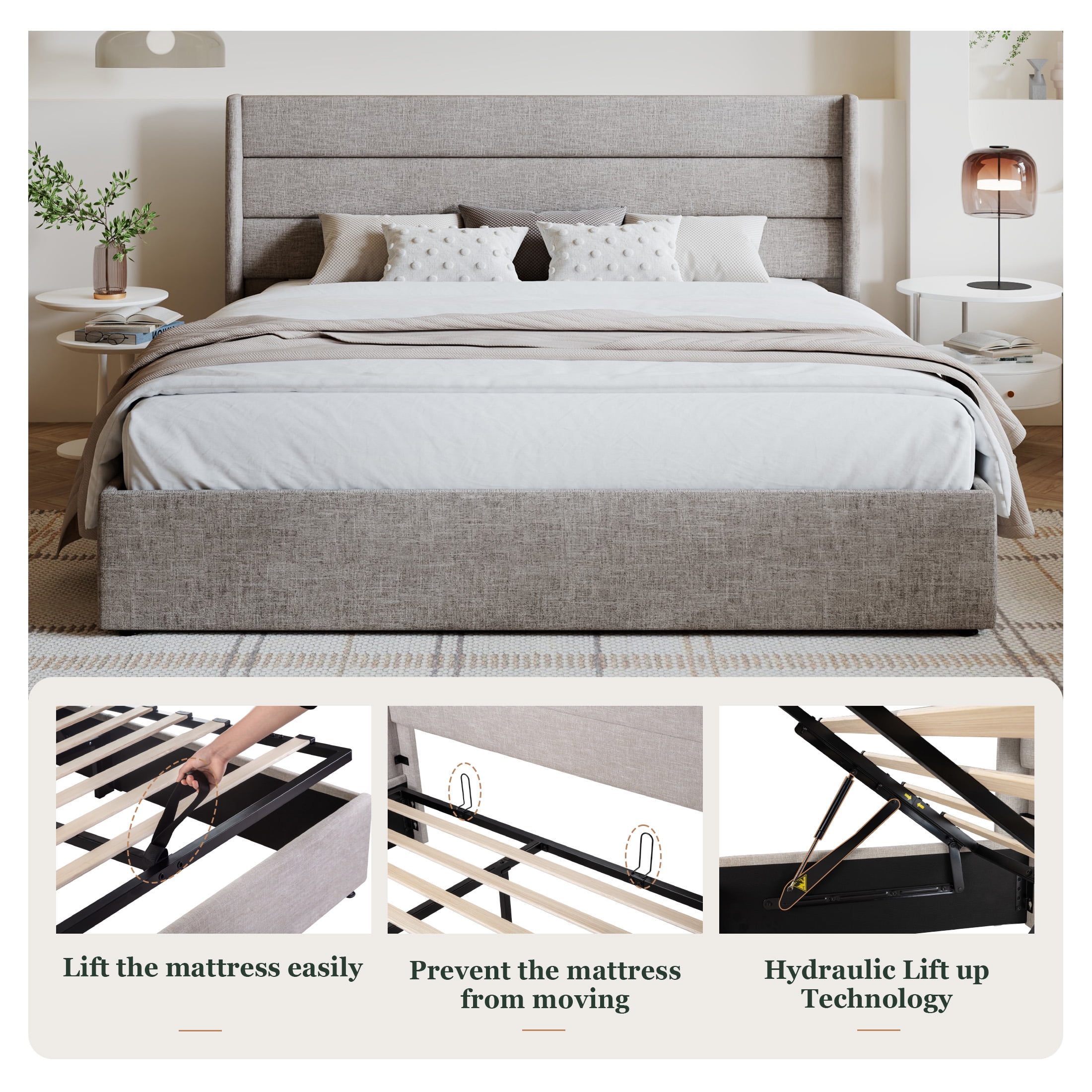 Amolife King Size Bed Frame, Hydraulic Lift Storage Platform Bed with Upholstered Wingback Headboard (Beige, King) neyet