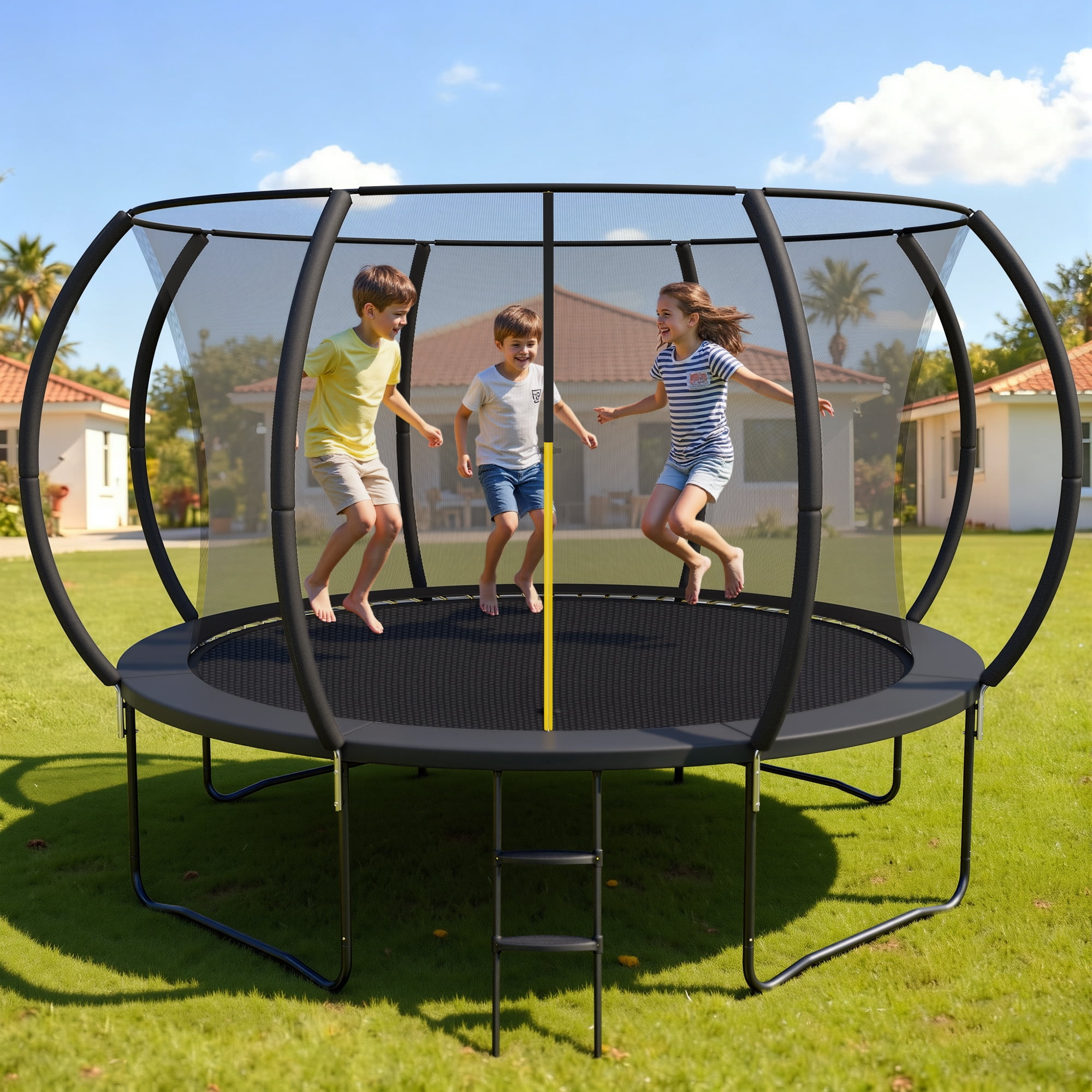MarKnig Outdoor Round Trampoline with Safety Enclosure Net and Ladder, Heavy-Duty Backyard Recreational Jumper (Black, 14 ft) c0l87