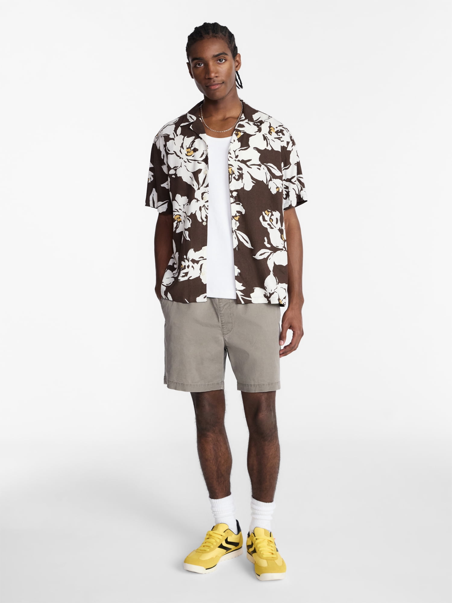 No Boundaries Men's Boxy Fit Linen Blend Resort Shirt (Brown, XS) om9l4