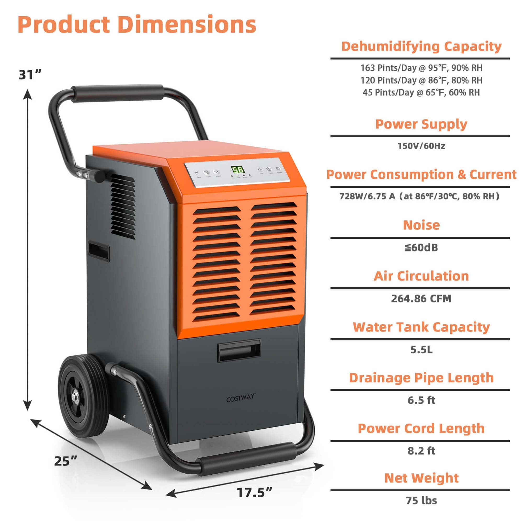 Costway Portable Commercial Dehumidifier for Large Spaces, High-Efficiency Moisture Control (Grey, 45-Pint DOE) a7uya