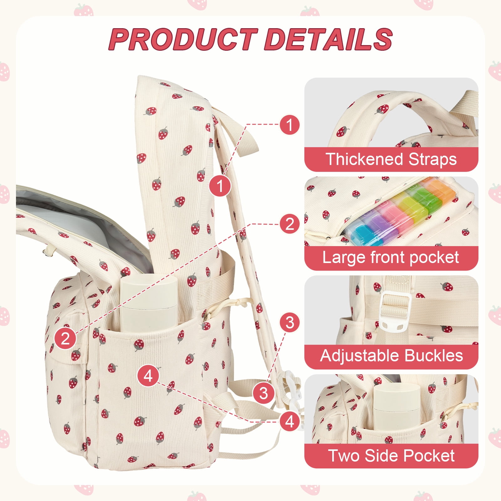 DAKIMOE School Backpack for Girls, Lightweight Large Capacity Bookbag for Teens (Beige Strawberry, 13 in x 6 in x 17 in) 31kgd