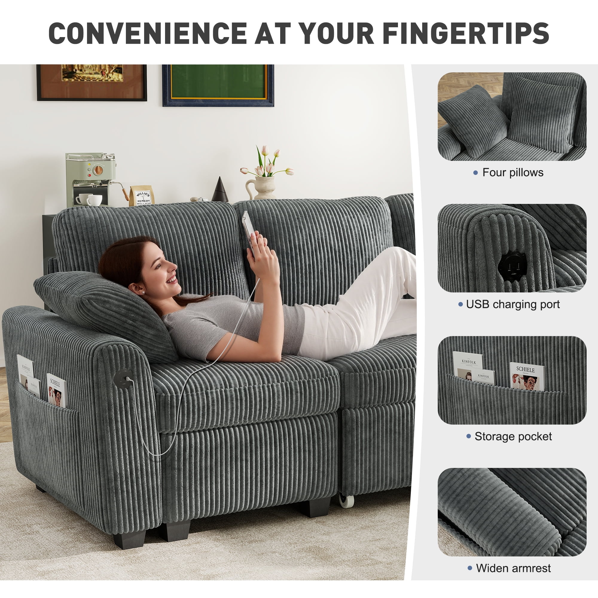 BedLuxury Sectional Sleeper Sofa with Pull-Out Bed, Storage, and USB Charging (Corduroy Gray, 83 in) hox21