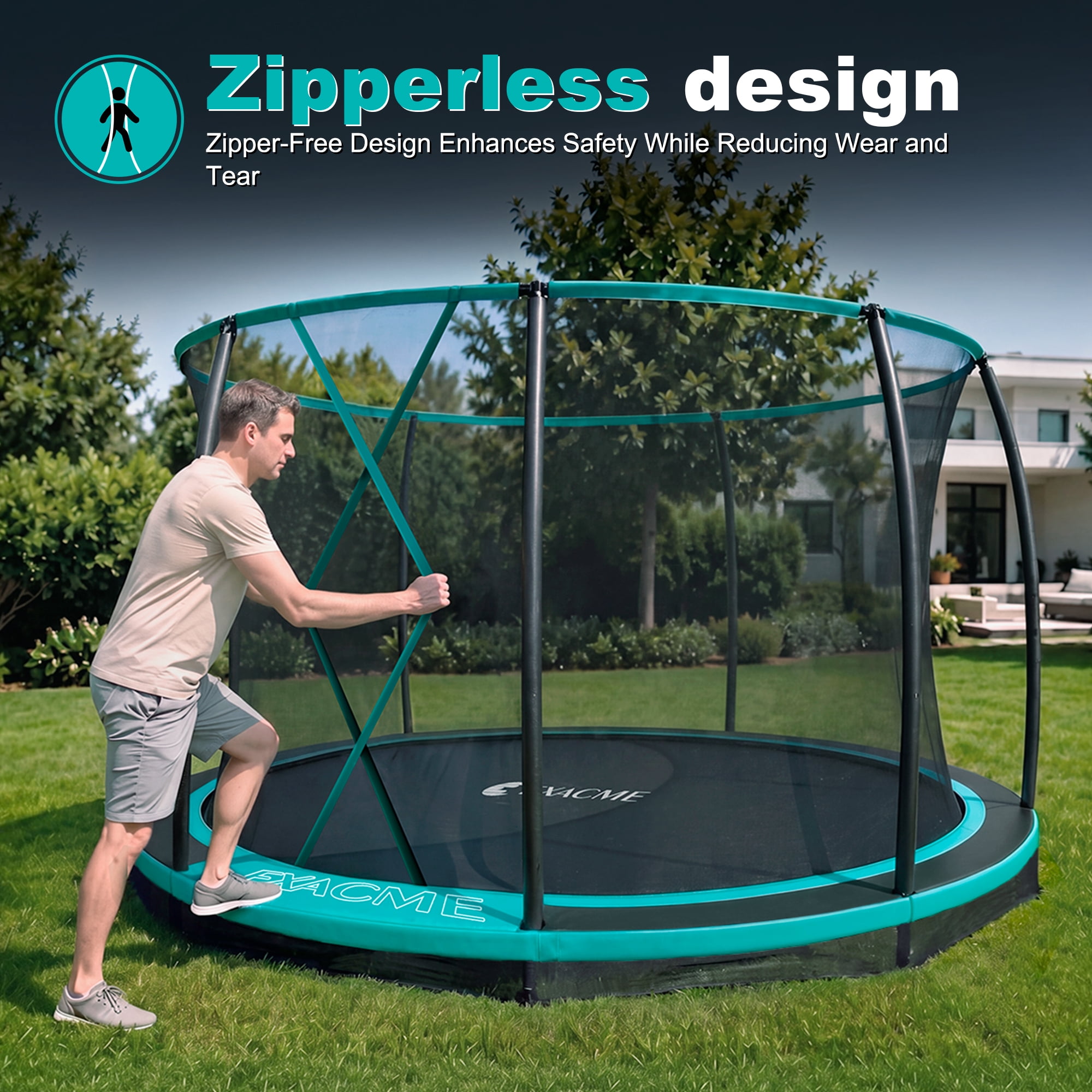 ExacMe In-Ground Trampoline with Safety Enclosure Net (Black, 14 ft) oabw8