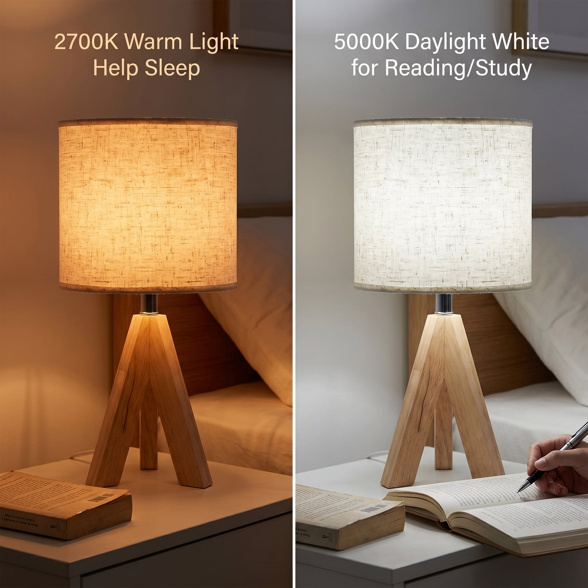 DAYBETTER Modern Wooden Tripod Table Lamp with 3 Color Temperatures (Light Brown, 15 in) pg1gx