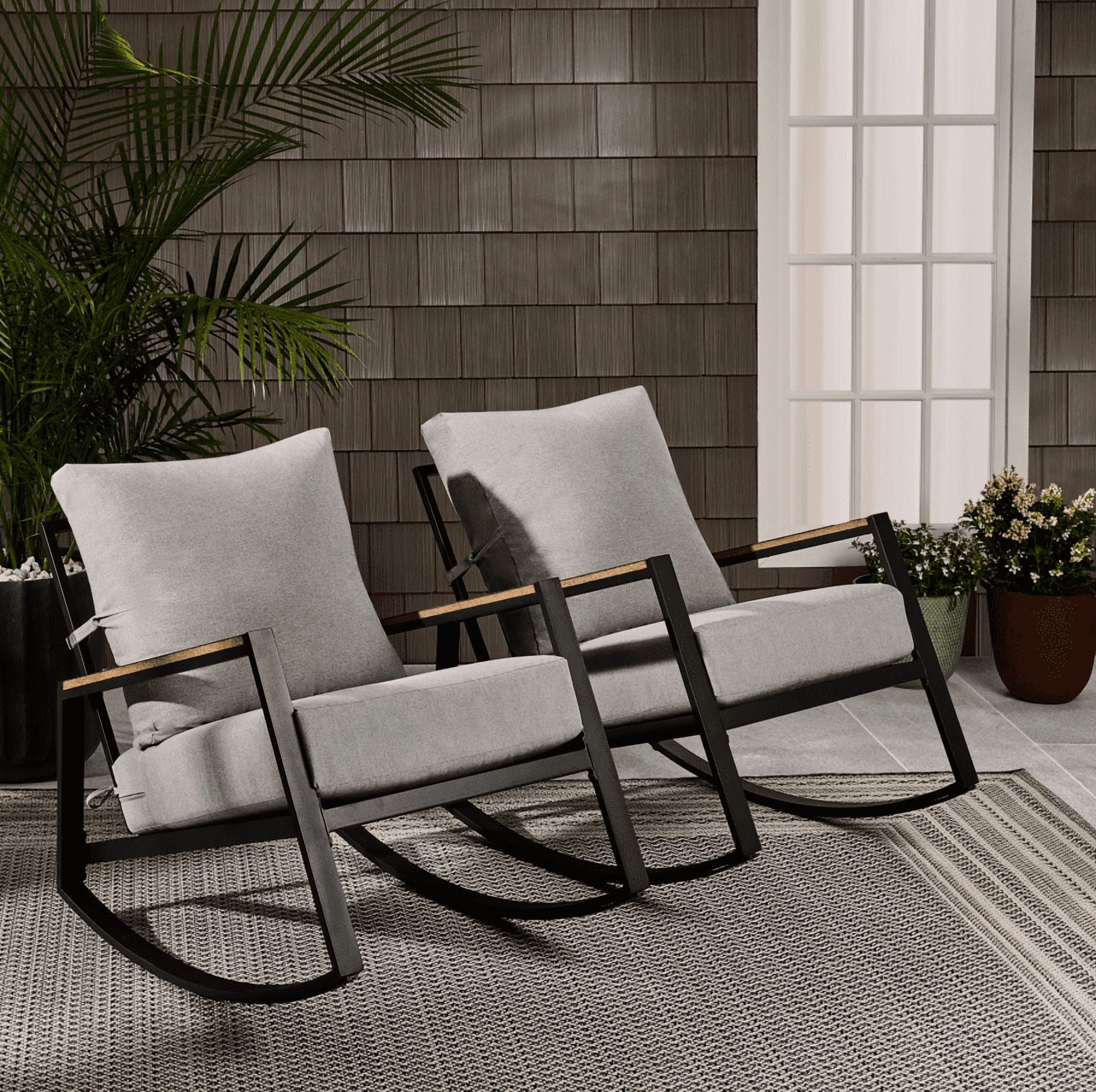 Better Homes & Gardens Marlow Outdoor Patio Rocking Chairs (Black Frame/Gray Cushion, 2-Pack) 2lx7x