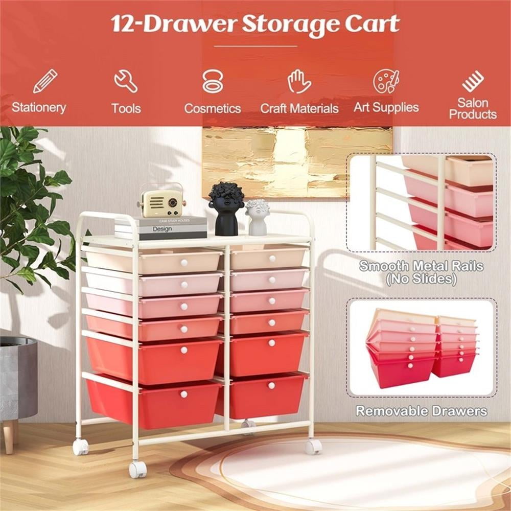 Pemberly Row 12-Drawer Rolling Storage Cart with Swivel Casters (Pink, 25 in x 15 in x 29.5 in) pk3sc