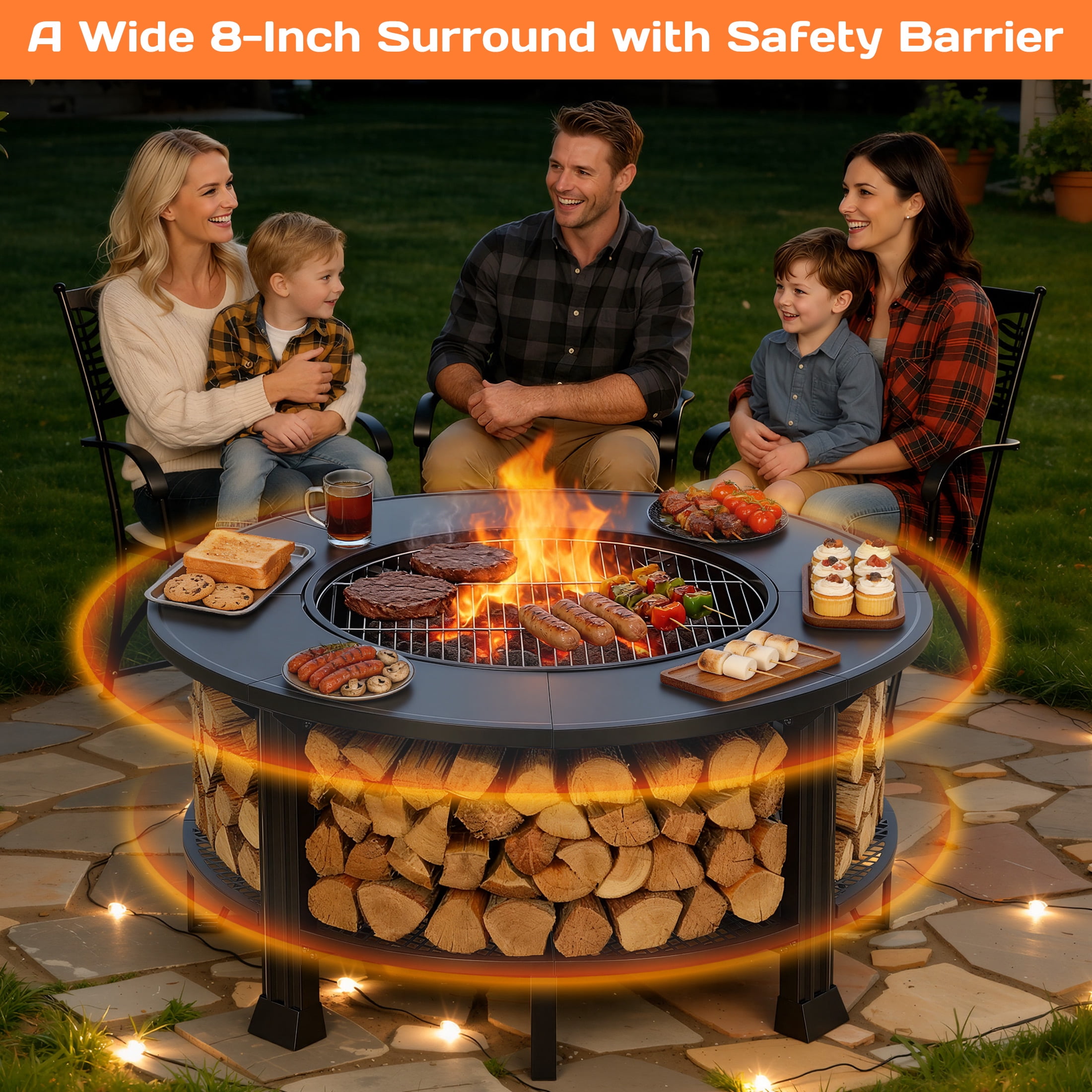 Segmart 38 in Round Wood Burning Fire Pit Table with Grill, Poker, and Waterproof Cover (Black, 38 in) ra8m1