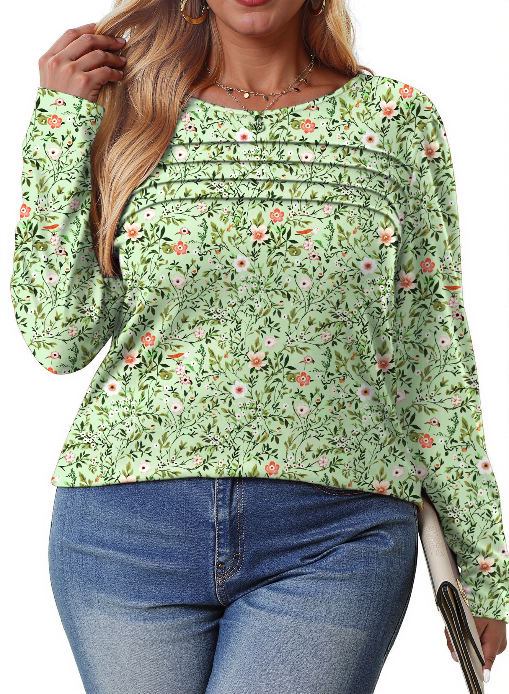 Fantaslook Women's Long Sleeve Pleated Tunic Top Dressy Casual Fall Blouse (Green, S) sre41