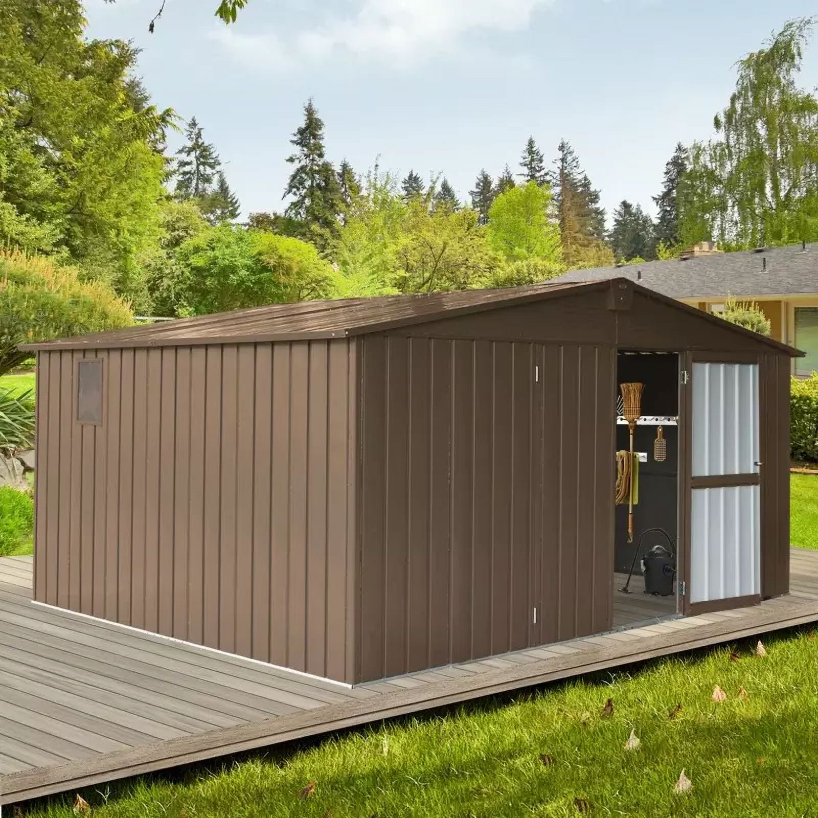 Domi Outdoor Living Metal Garden Storage Shed with Lockable Doors (Brown, 118.43 in x 95.12 in x 76.57 in) 2650z