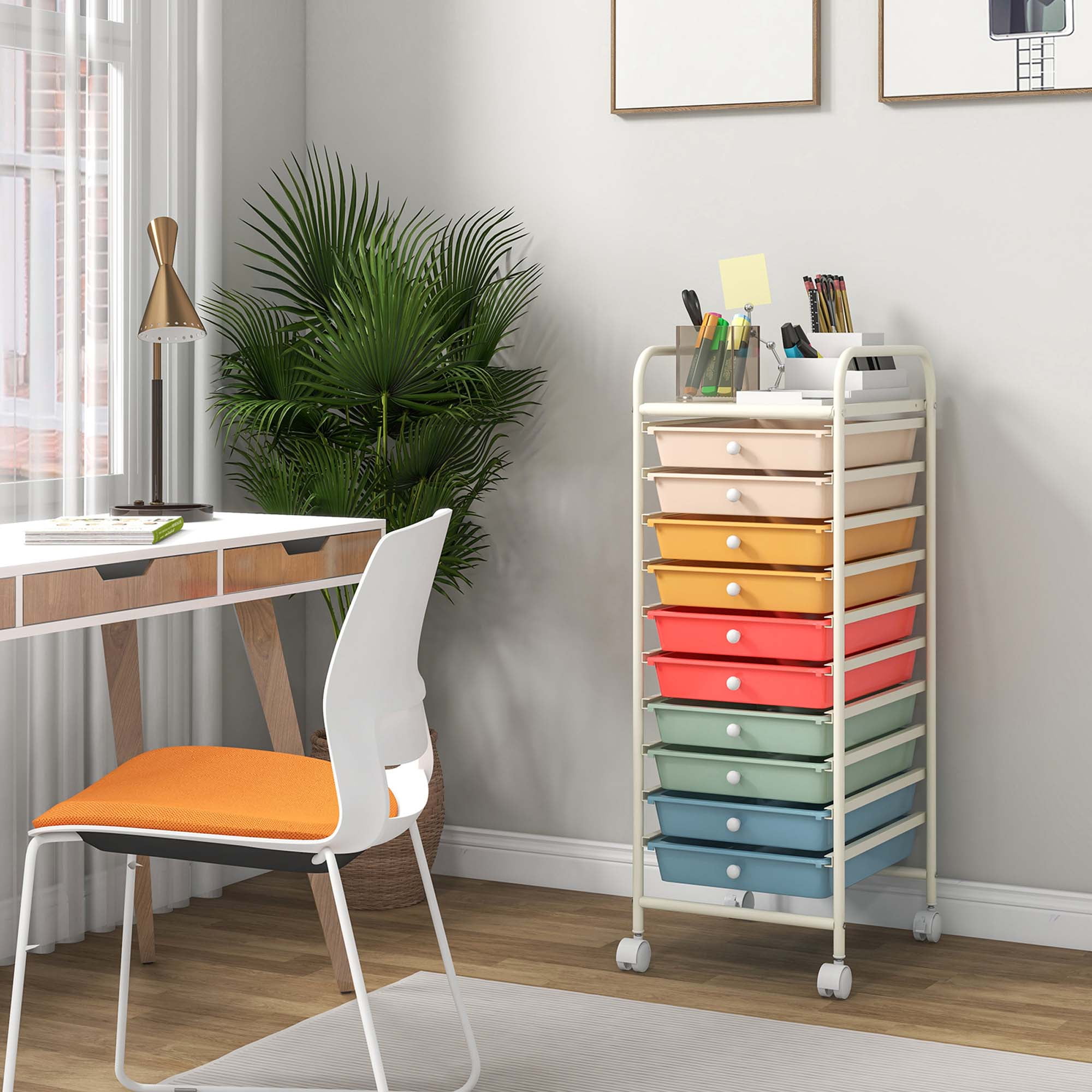 Costway 10 Drawer Rolling Storage Cart Mobile Organizer for Office School and Crafts (Macaron, 13 in x 15 in x 34 in) 5j3gh