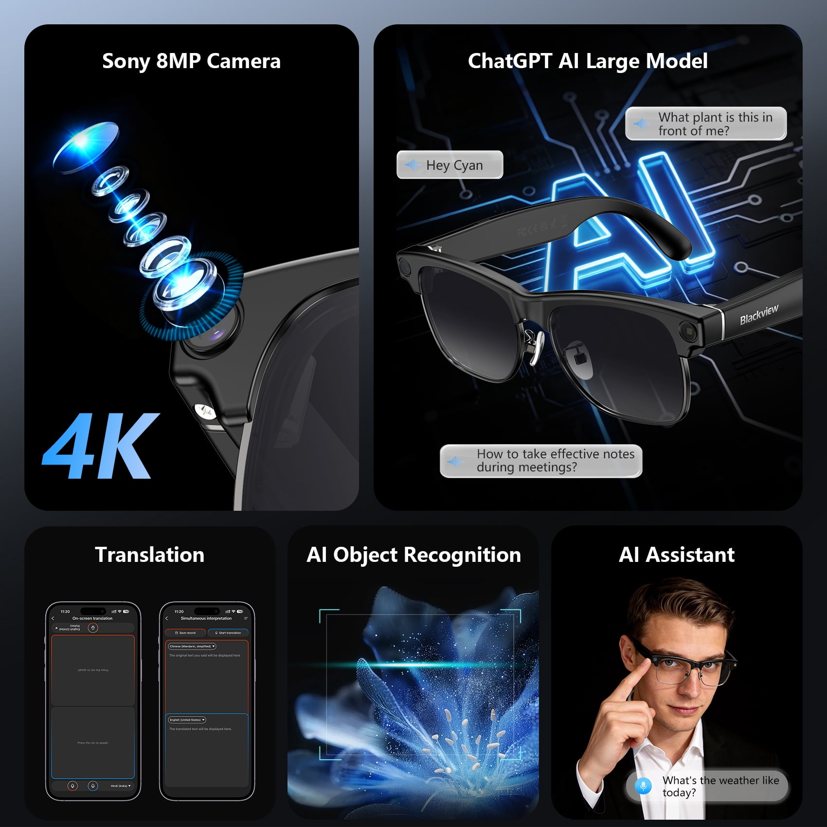 Blackview AI Smart Glasses with 1080P Camera, Real-Time Translation, and Polarized Lenses (Black, One Size) 7smet