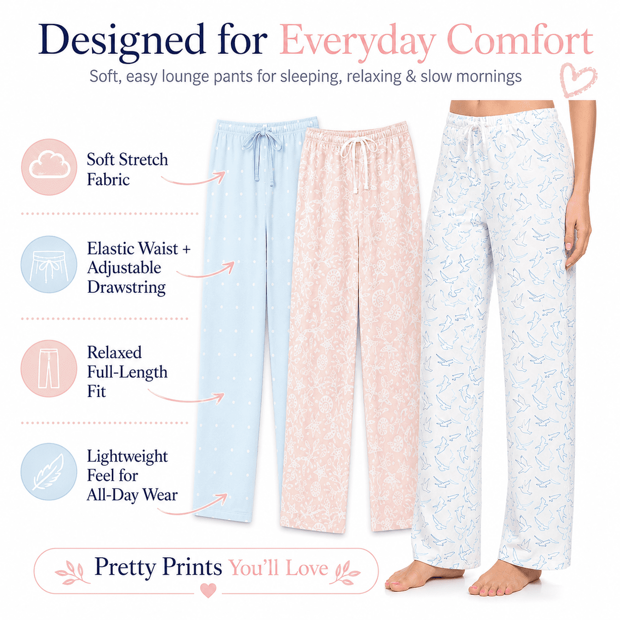 Daresay Women’s Lounge Pants 3-Pack, Soft Stretch Pajama Bottoms with Adjustable Drawstring Waist (Blue, S) l1i9e