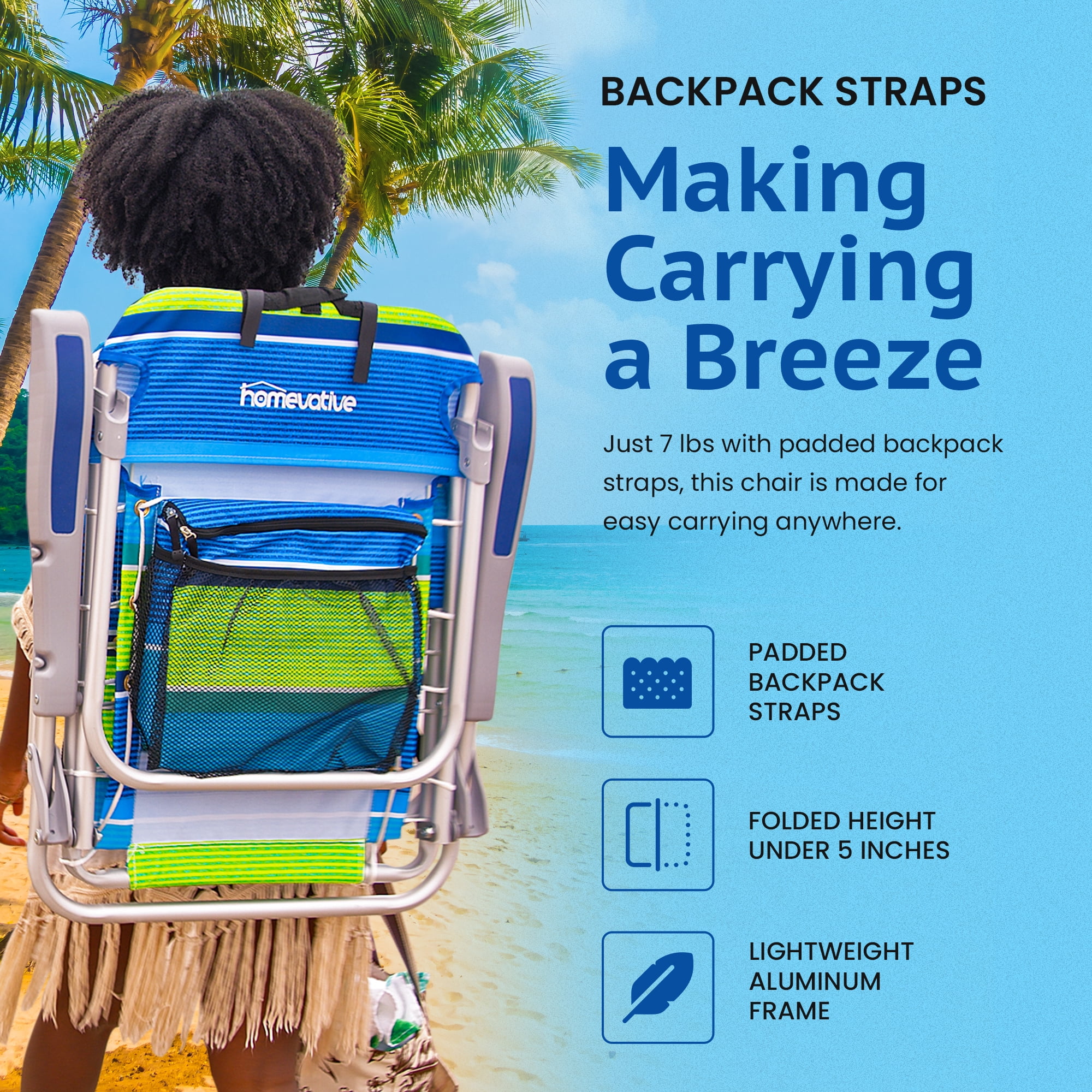 Homevative Cooler+ Folding Backpack Beach Chair, 5-Position Reclining Outdoor Seat with Storage (Blue) mds1g