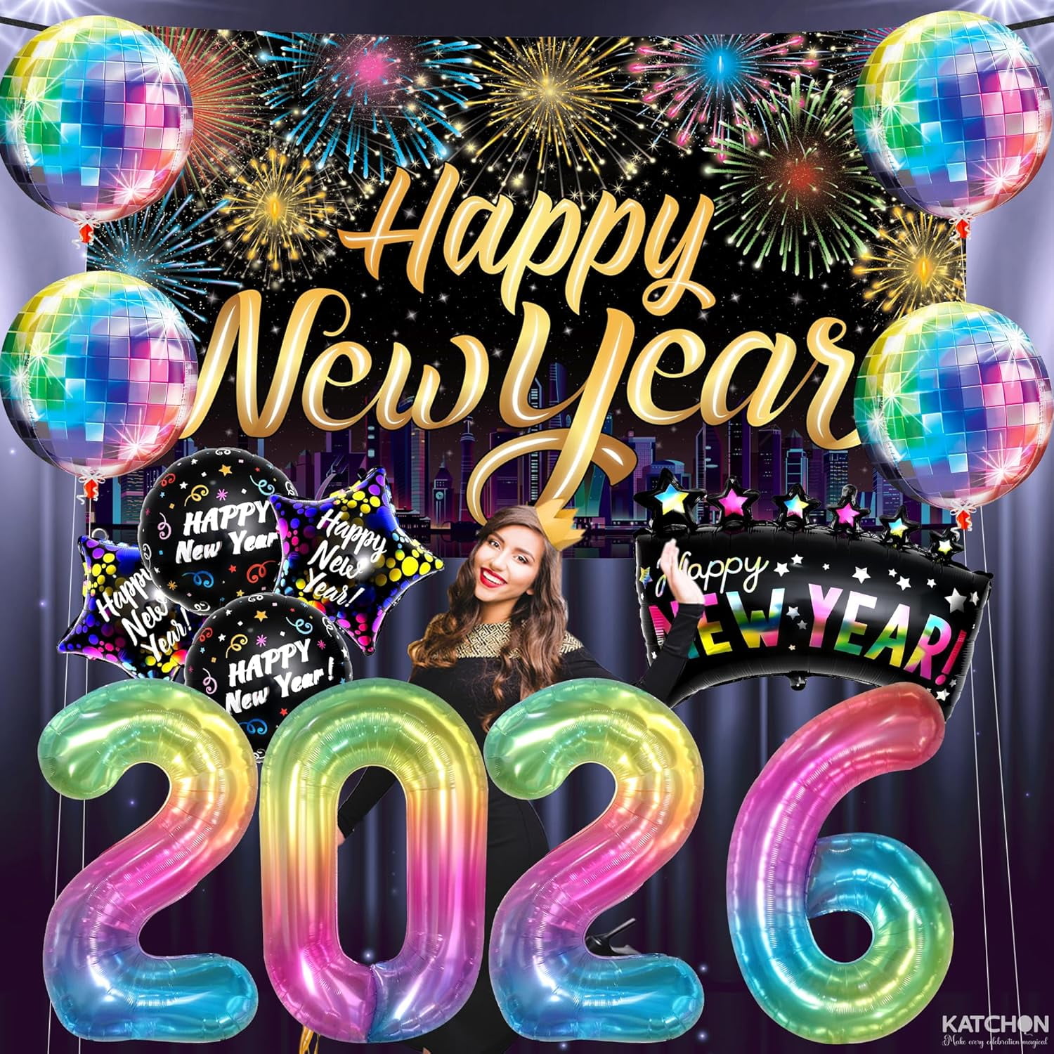 KatchOn New Year Eve Party Decorations 2026 Set (Rainbow, 72x44 in Banner) htngf