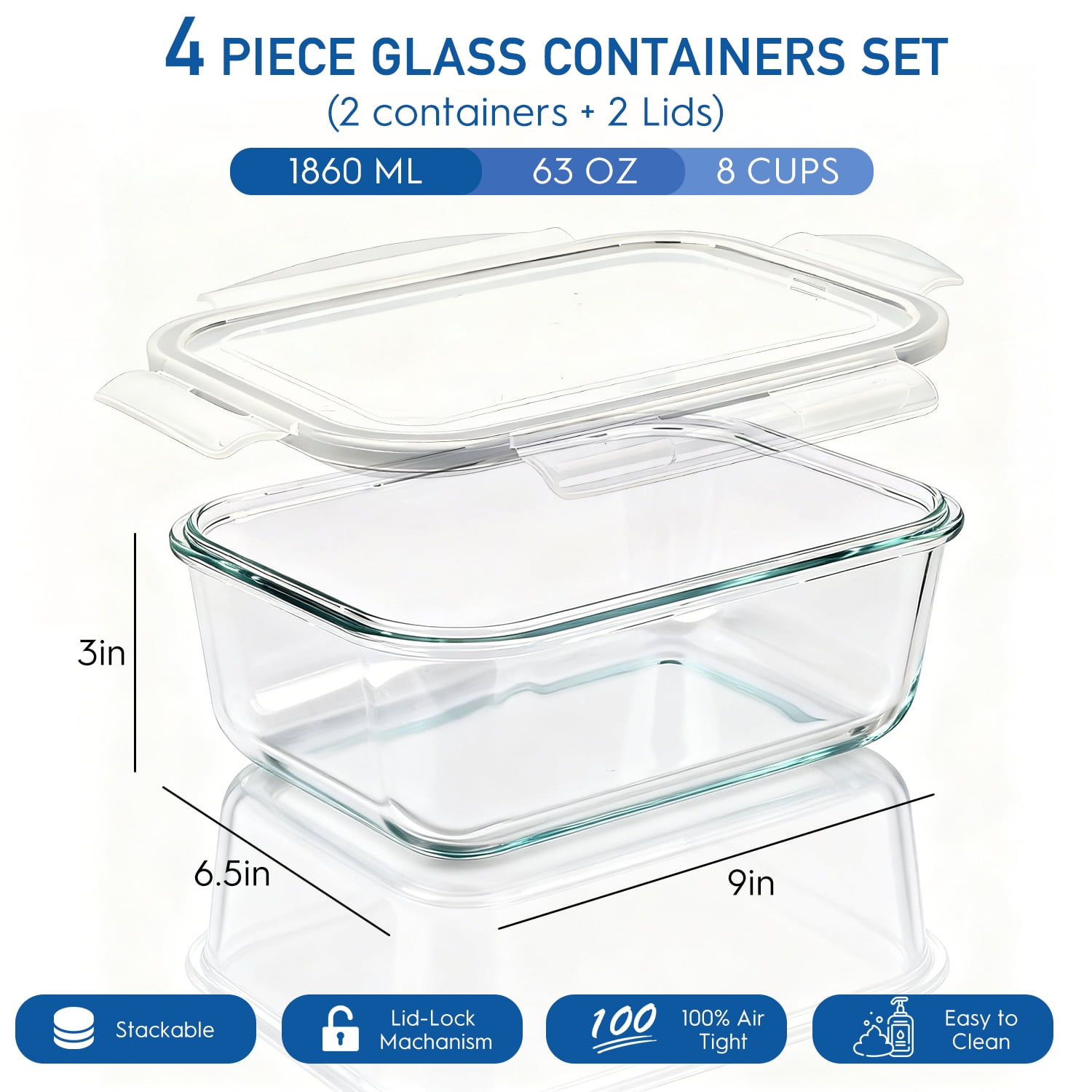 Taimasi Glass Food Storage Containers Set, Airtight Leak-Proof Meal Prep Containers with Locking Lids (Gray, 63 fl oz, 2 Pack) 1rziv