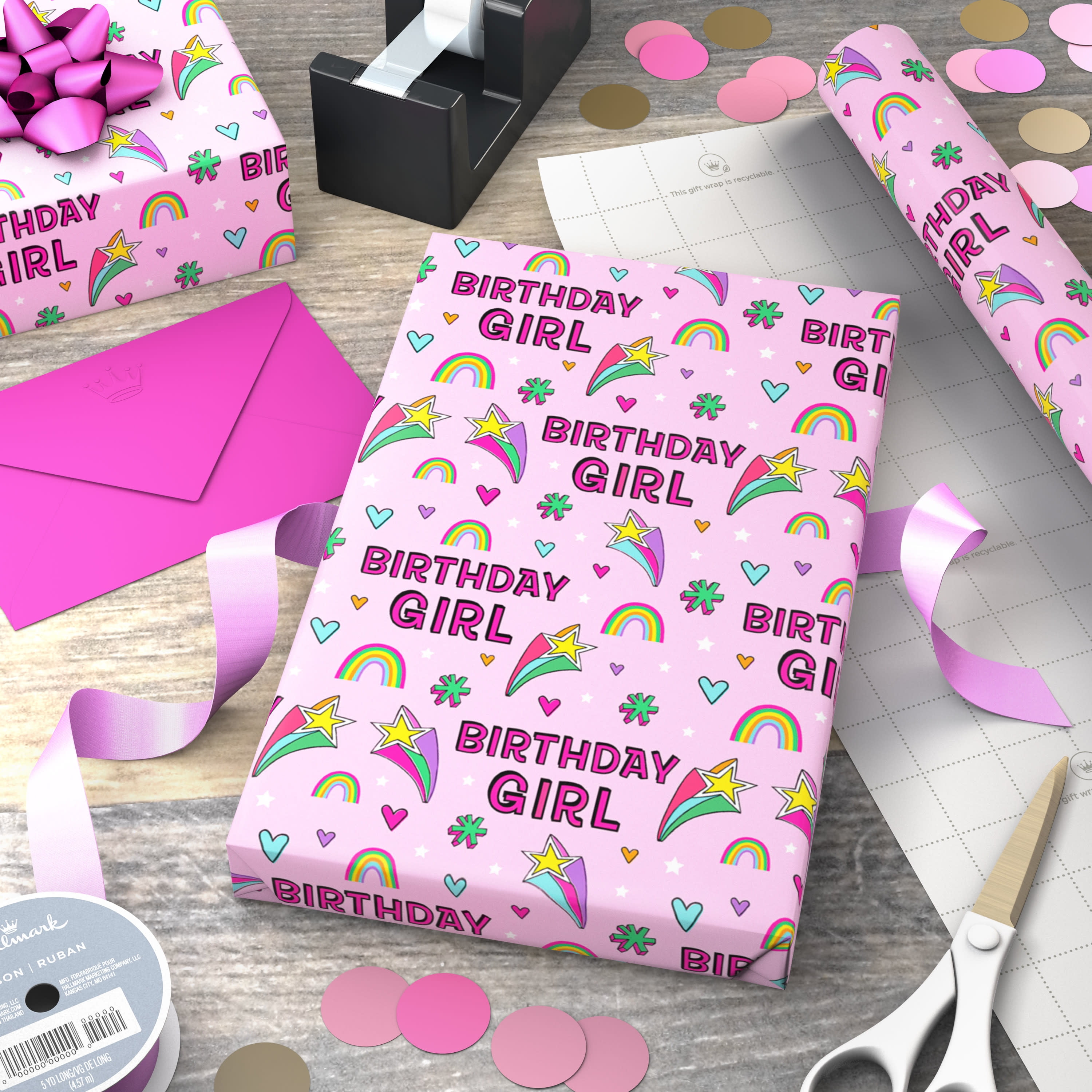 Hallmark Birthday Girl Gift Wrapping Paper (Pink, 35 sq. ft.) 3dzun