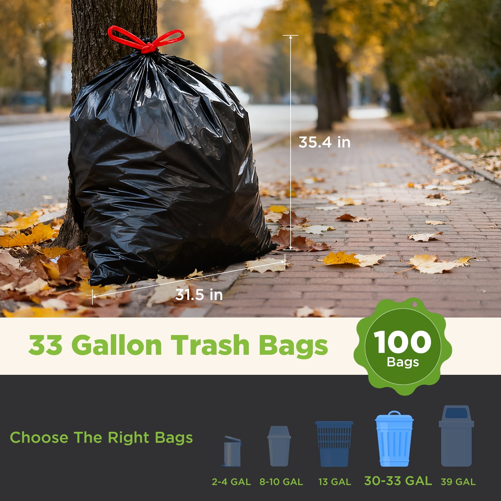 Kailwokk Heavy Duty Drawstring Trash Bags, Tear-Resistant Garbage Liners for Kitchen and Outdoor Use (Black, 30-33 Gallon, 100 Count) bynks