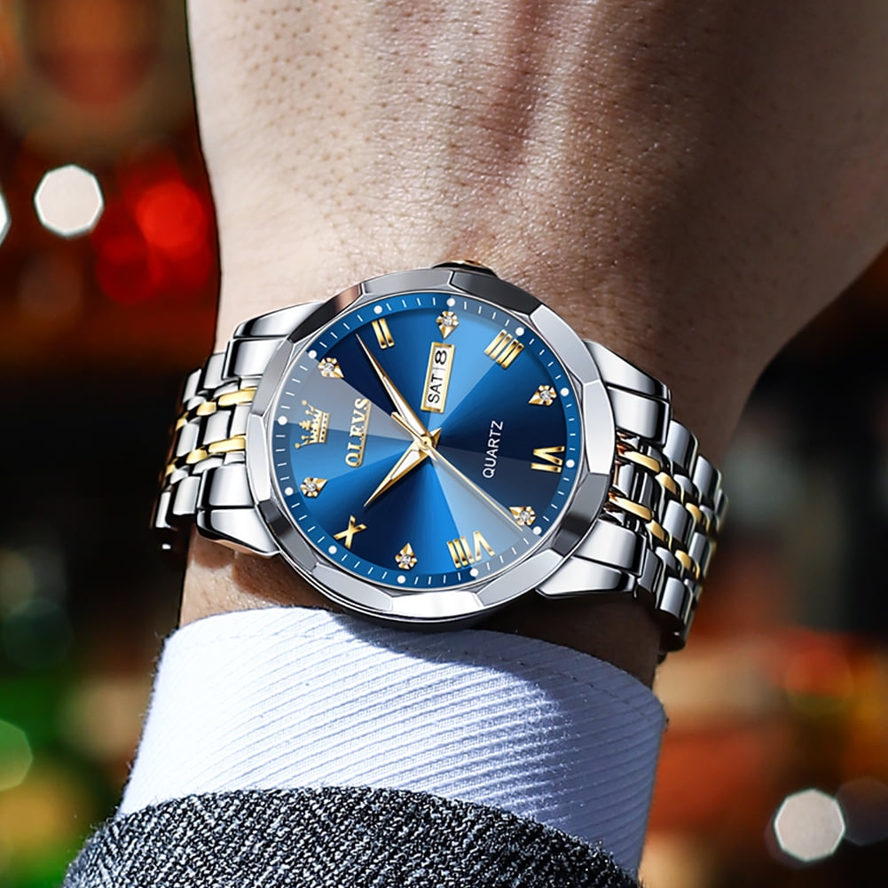 OLEVS Men's Diamond Analog Quartz Dress Watch Stainless Steel Waterproof Business Wristwatch (Blue, 1.6 in) fduvn