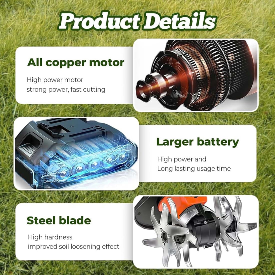 Generic 21V Cordless Mini Tiller Cultivator, Electric Garden Soil Tiller with 4 Steel Tines, Dual 1.5Ah Batteries and Charger (4 in Width) 29s24
