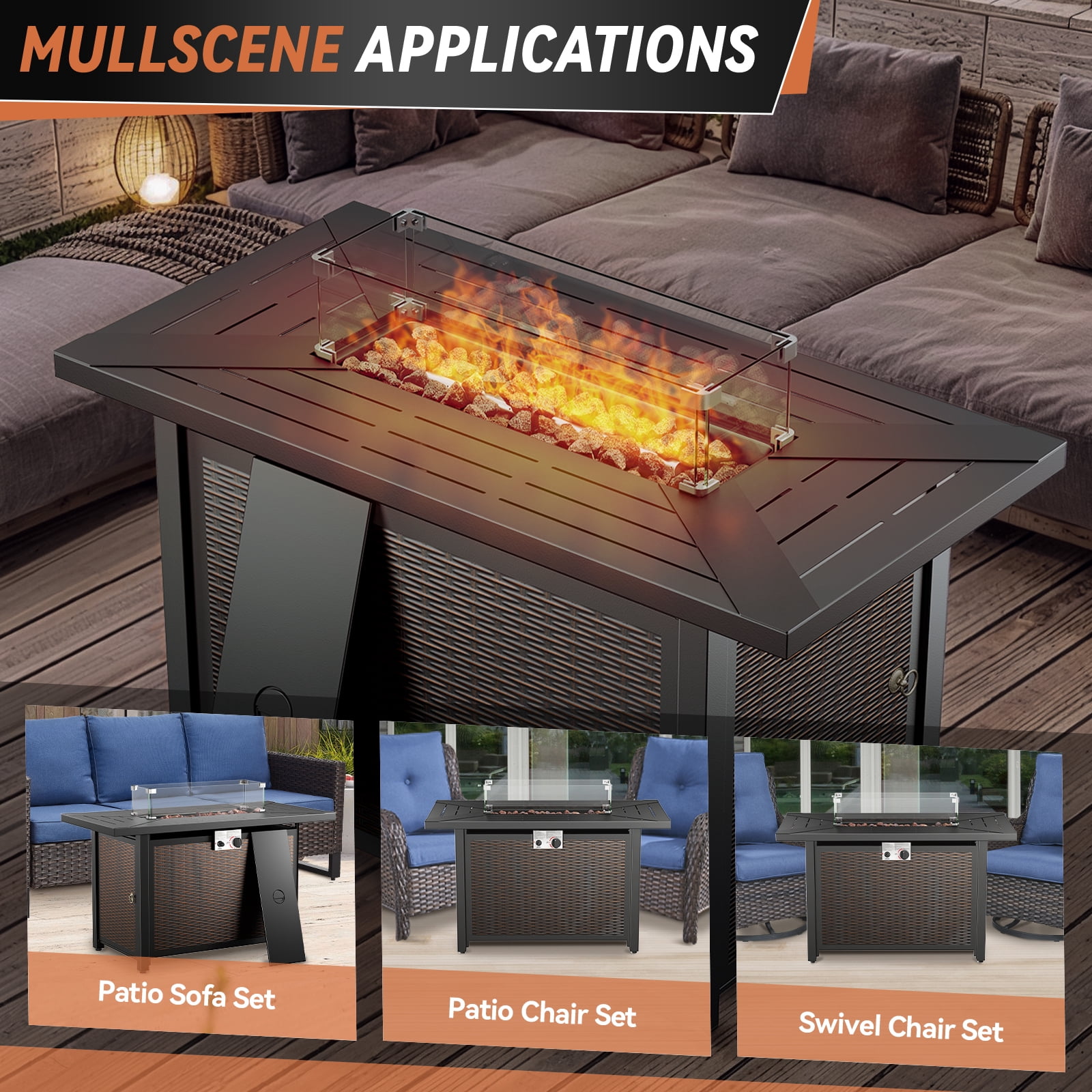 Bellefurn 7-Piece Patio Furniture Set with Fire Pit Table, Swivel Rockers, Sofa, and Ottomans (Brown, 7-Piece Set) hvj5c
