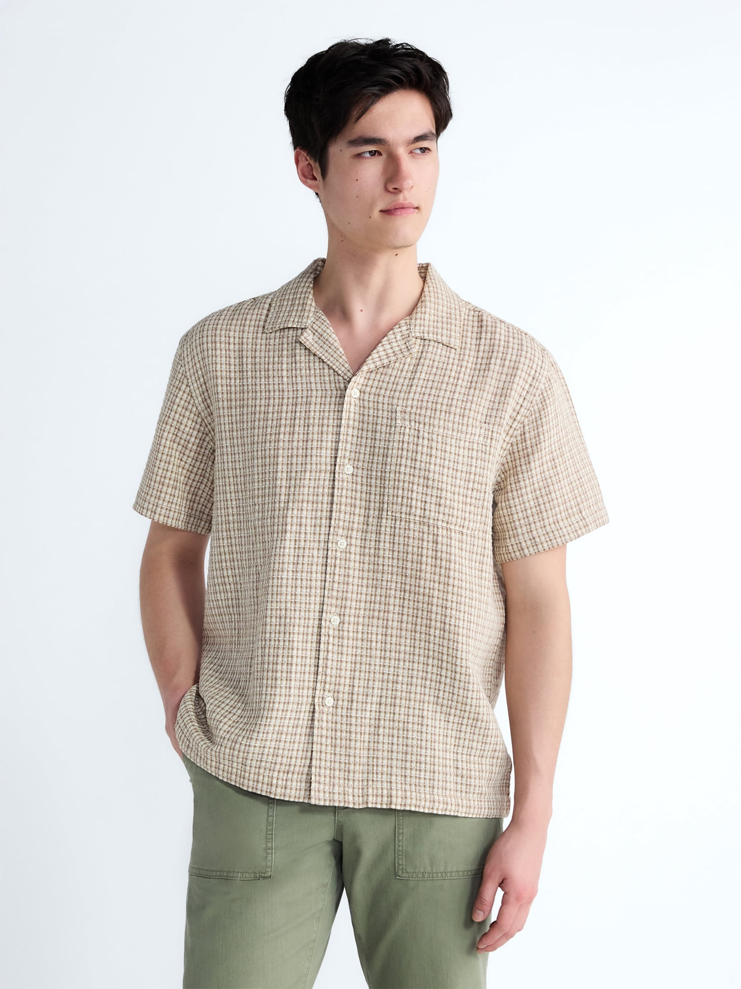 Free Assembly Men's Plaid Textured Cotton Camp Shirt (Brown, S) tvsfk