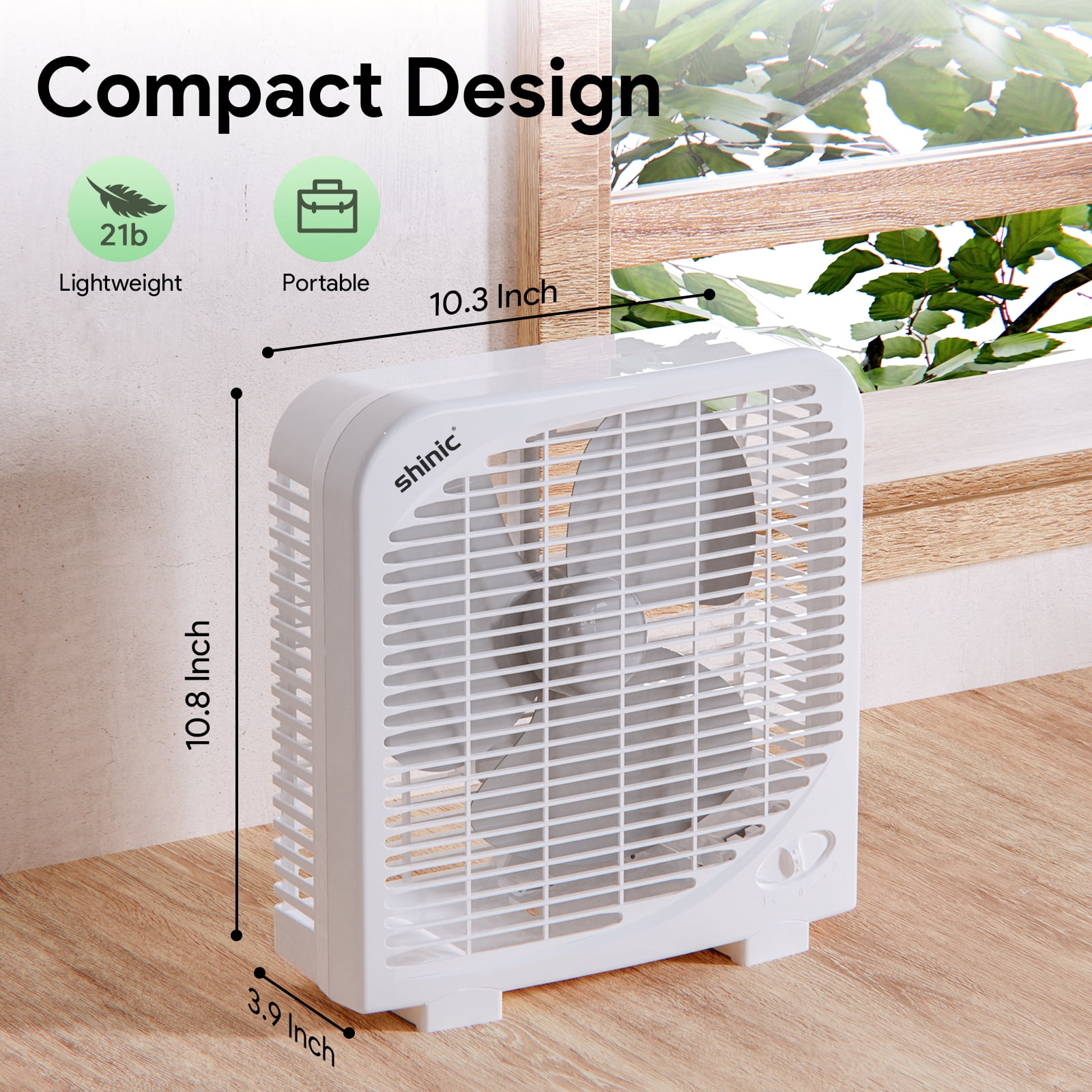 Shinic 9-inch Tabletop Box Fan, Portable Cooling Fan with 2-Speed Control (White, 9 in) 27cz3