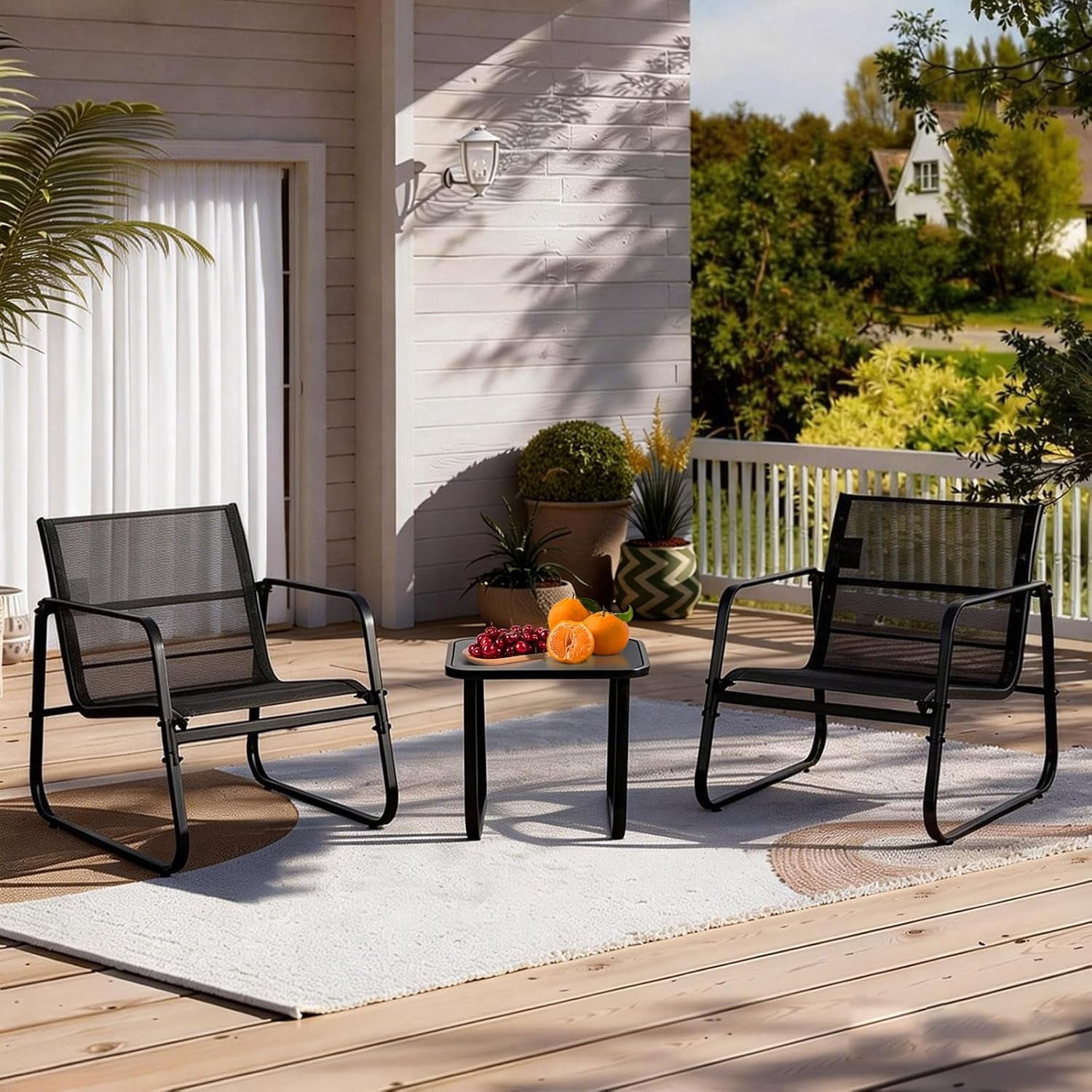 Betcozy 3-Piece Outdoor Bistro Set, Patio Conversation Furniture with Textilene Chairs and Tempered Glass Side Table (Black, 3-Piece Set) v61h2