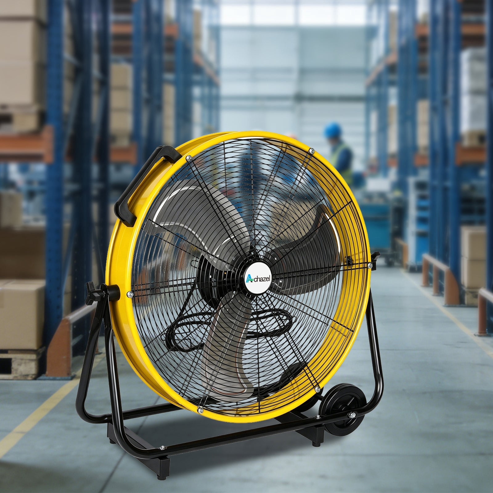 Achazel 24 Inch Industrial Drum Fan, Heavy-Duty 3-Speed High Velocity Floor Fan for Warehouse and Garage Cooling (Yellow, 24 in) mufb0