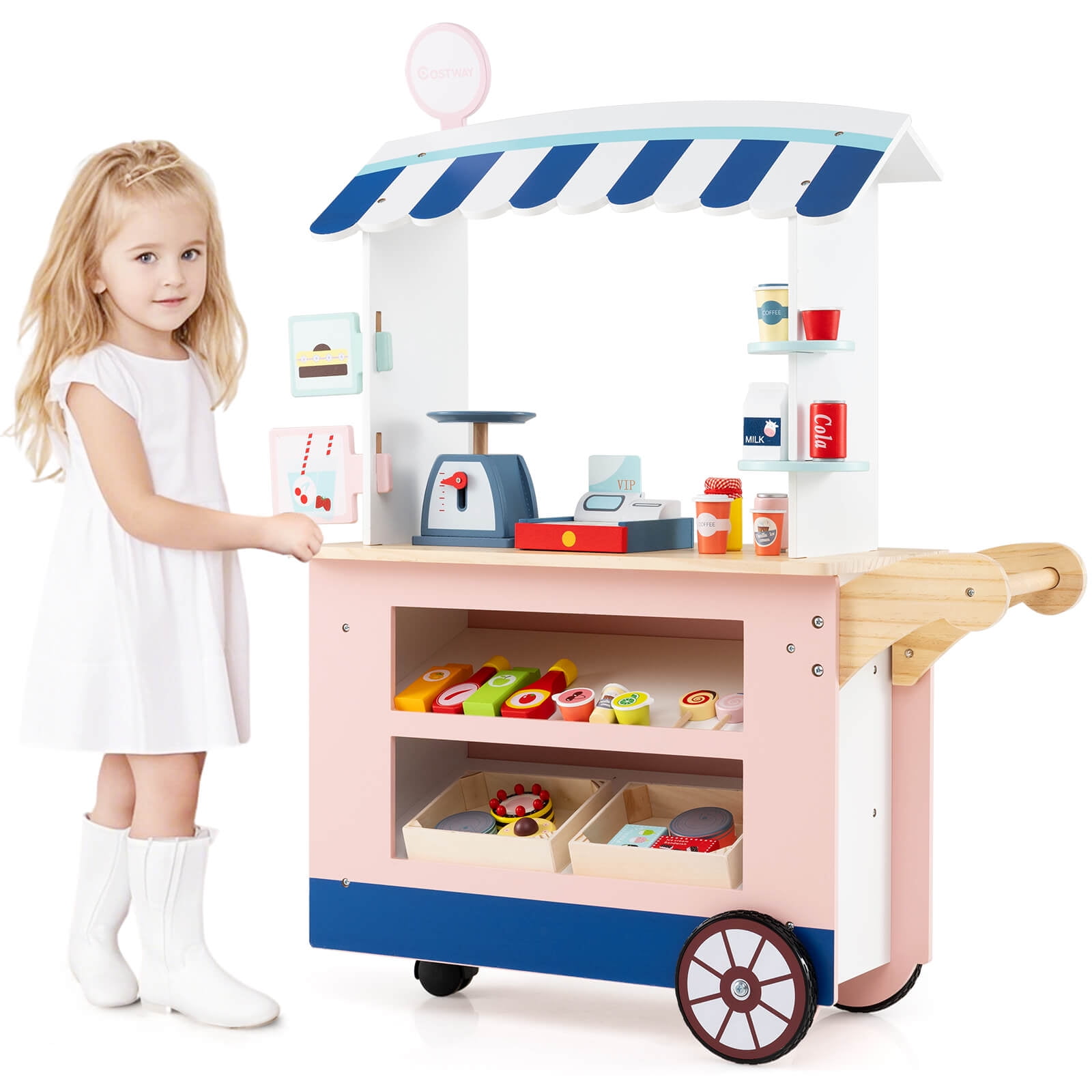 Costway Kids Snacks and Sweets Food Cart Play Set with 30 Accessories (Pink, 30 Piece Set) v72kq
