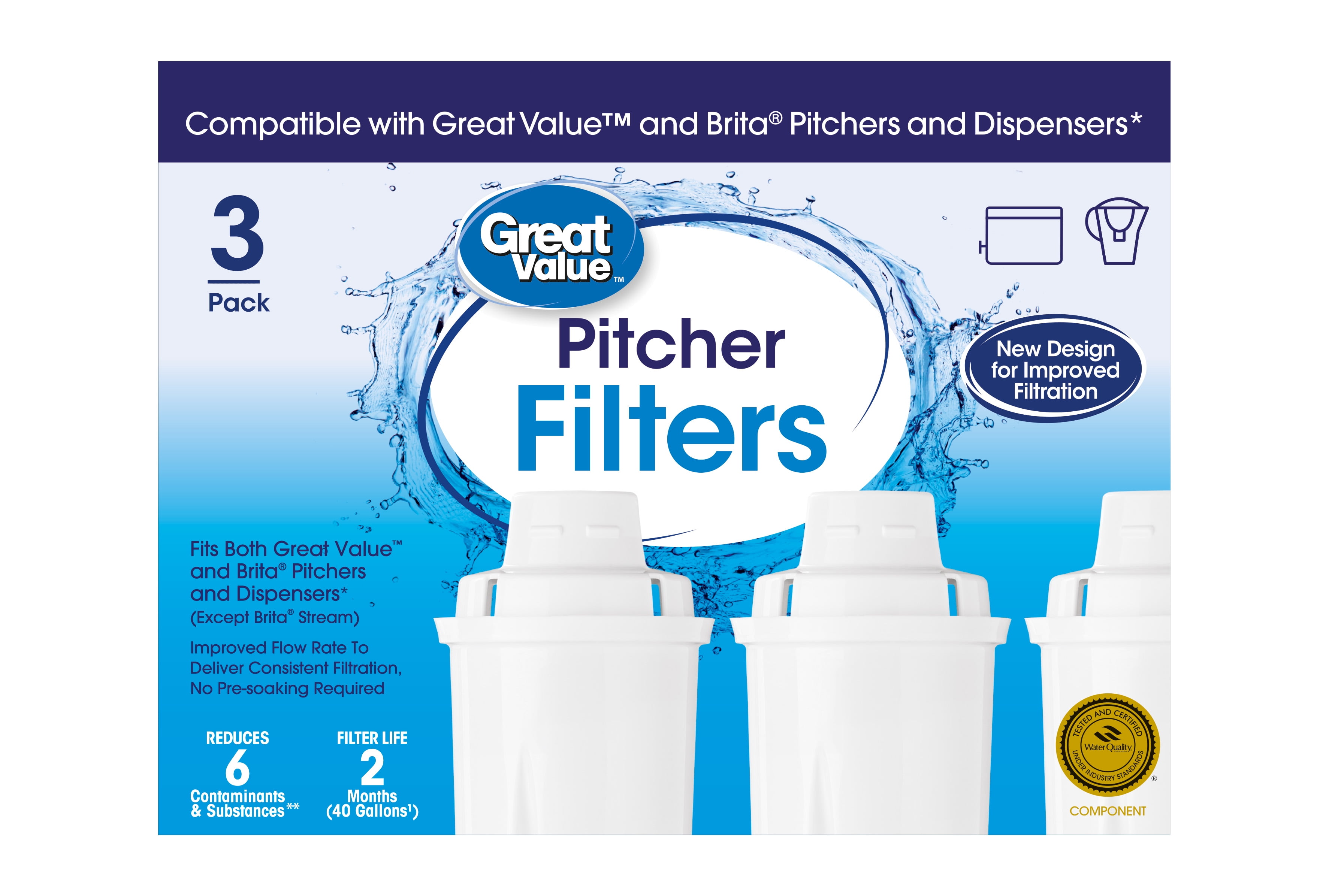 Great Value Water Pitcher Replacement Filters (Compatible with Brita, 3 Pack) sitb3